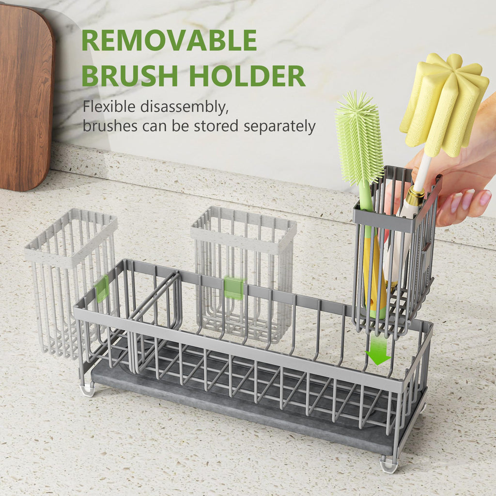 Cisily Extra Large Sink Caddy Organizer with Drying Stone, Black Sponge Holder for Kitchen, Dish Brush Holder for Countertop, Kitchen Decor Storage and Essentials