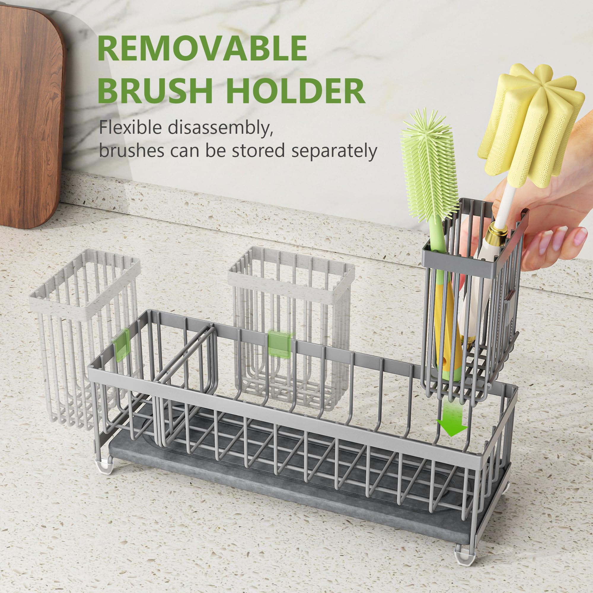 Cisily Extra Large Sink Caddy Organizer with Drying Stone, Black Sponge Holder for Kitchen, Dish Brush Holder for Countertop, Kitchen Decor Storage and Essentials