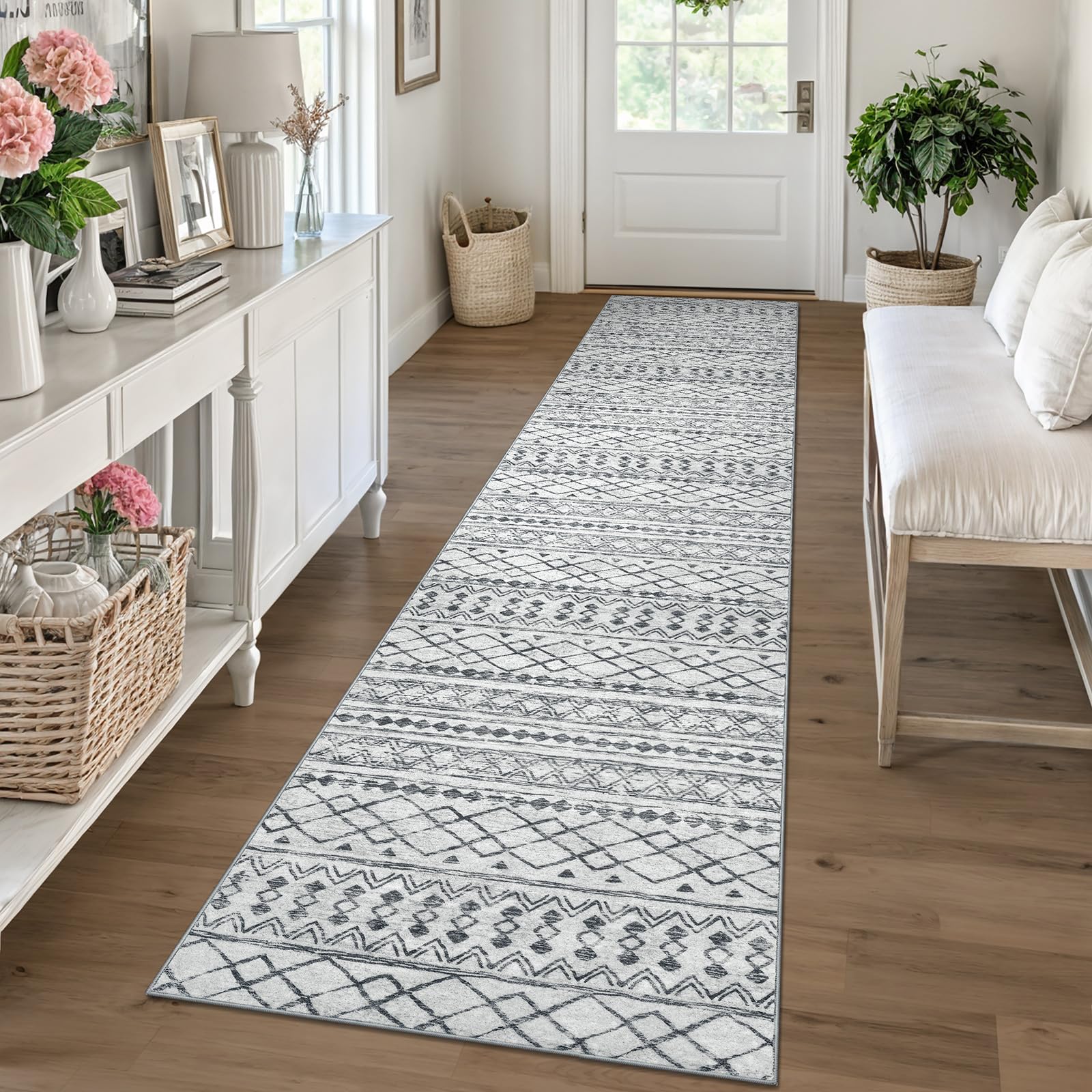 KUTA Washable Non-Slip Rugs for Entryway 2x3, Grey Moroccan Boho Small Area Rug, Ultra Soft Vintage Geometric Low-Pile Indoor Door Mat Floor Carpet for Indoor, Entrance, Kitchen, Bathroom, Bedroom