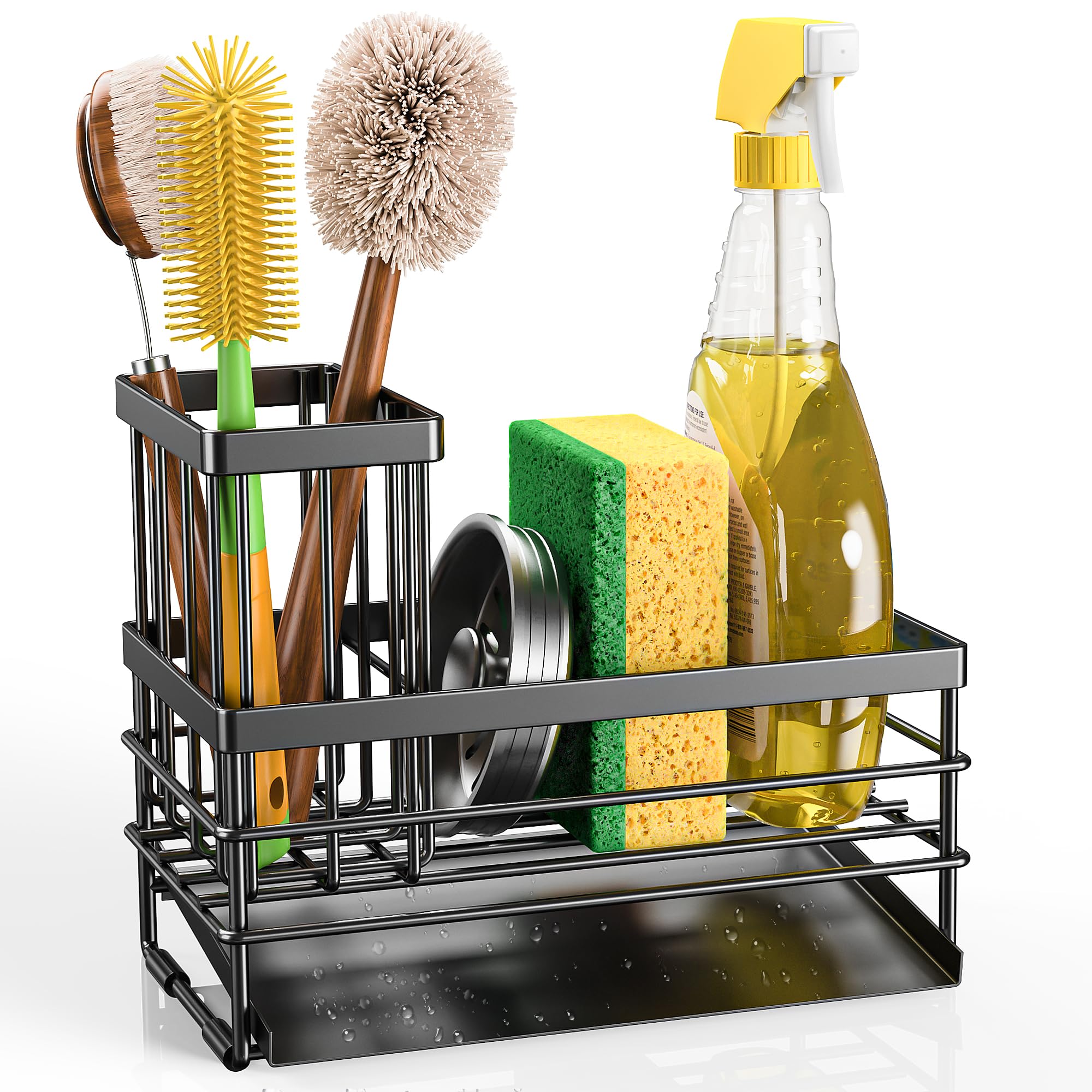 Cisily Sink Caddy Sponge Holder for Kitchen with Brush Holder and Stainless Steel Self Drain Tray, Rustproof Kitchen Sink Organizer for Sponge, Soap Dispenser Storage Accessories (Black)