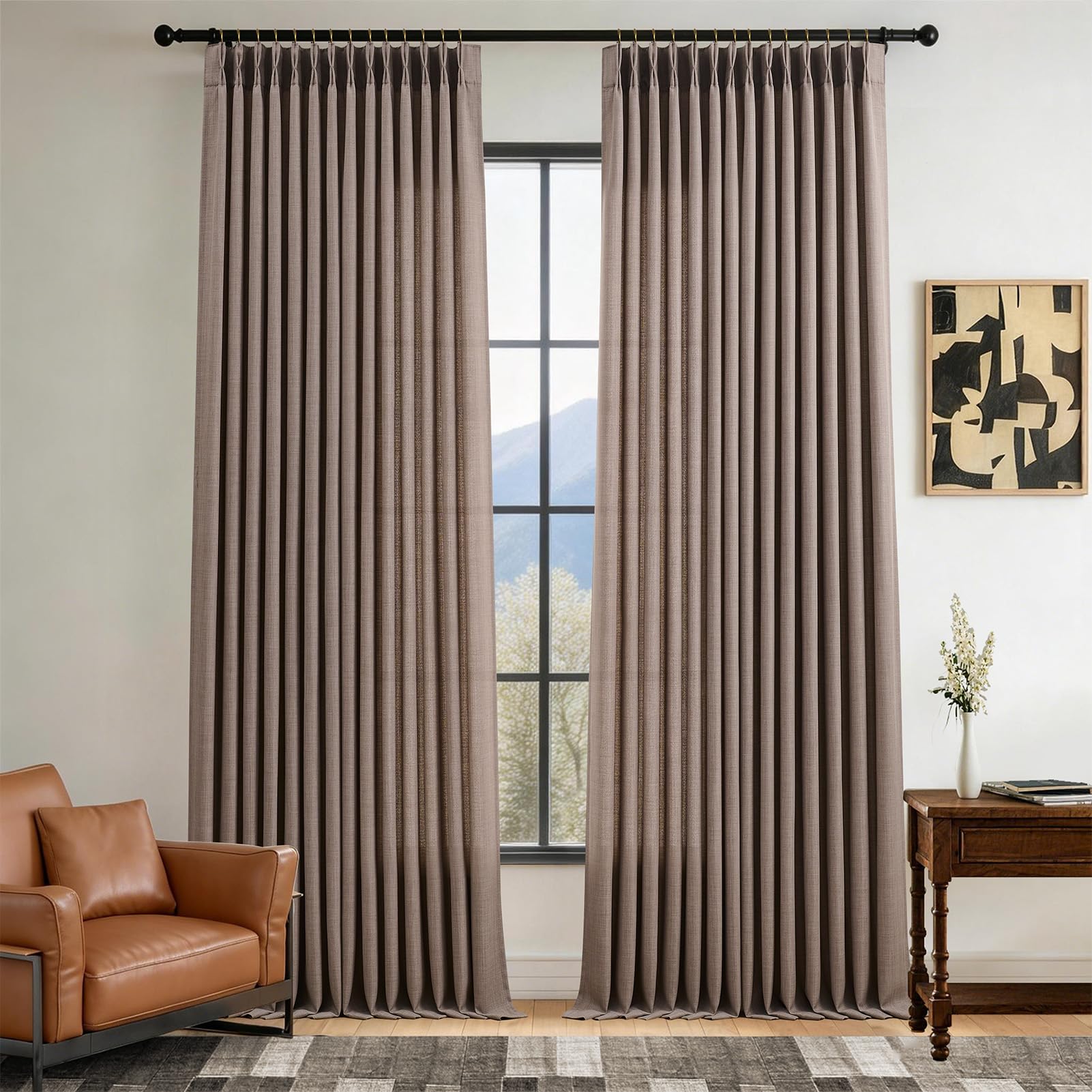 Pinch Pleated Linen Curtains 96 Inches Extra Long Olive Green Drapes, Thick Linen Light Filtering Memory Trained Pleat Curtain for Living Room and Bedroom Privacy 2 Panels Texture with Back Tab
