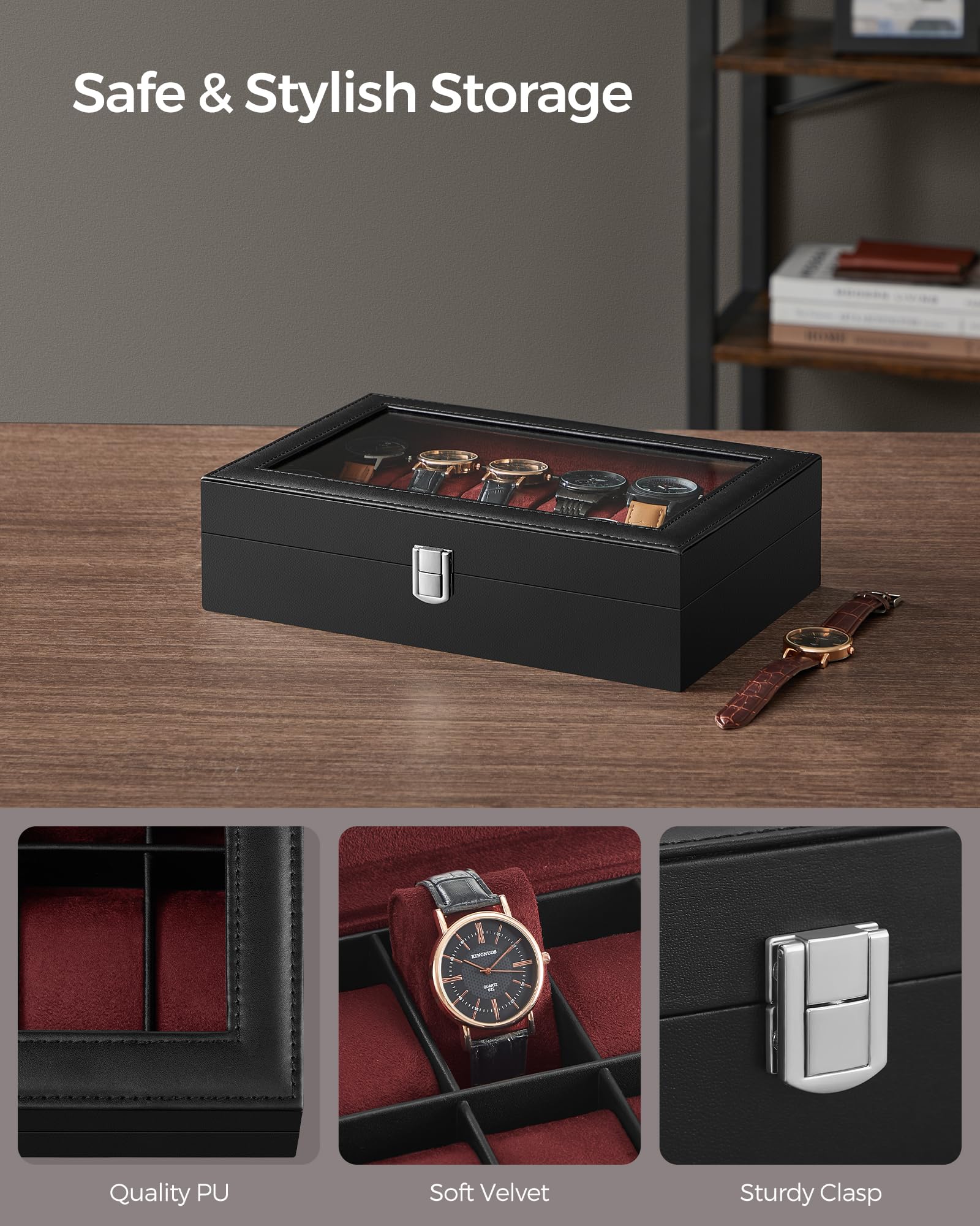 SONGMICS Watch Box, 12-Slot Watch Case Organizer with Large Glass Lid, Removable Pillows, Gift for Loved Ones, Black Synthetic Leather, Gray Lining UJWB12BK