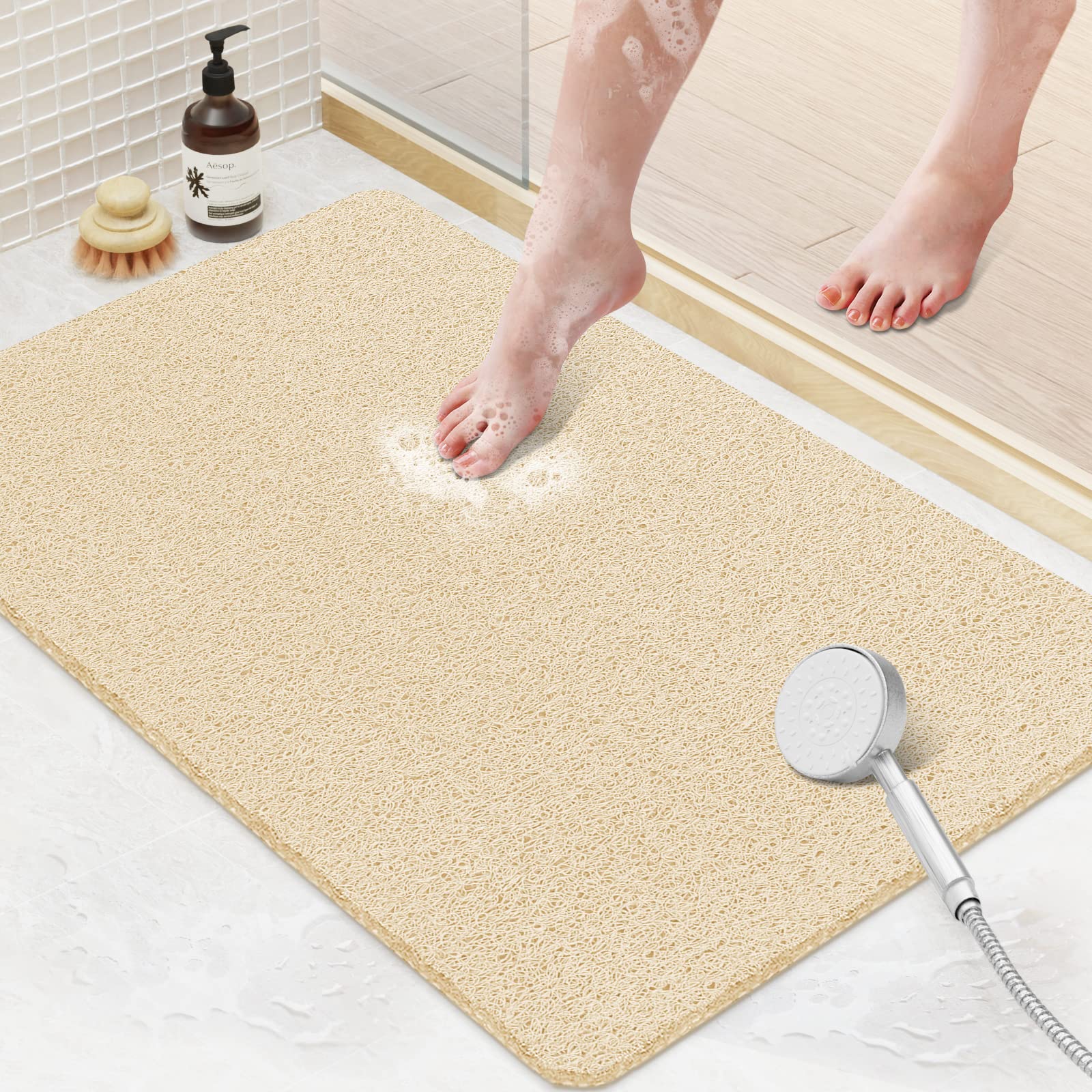 PVC Loofah Shower/Bathtub Mat Non-Slip, 24x16 inch, Soft Tub Mat with Drain, for Tub and Bathroom,Quick Drying,Grey