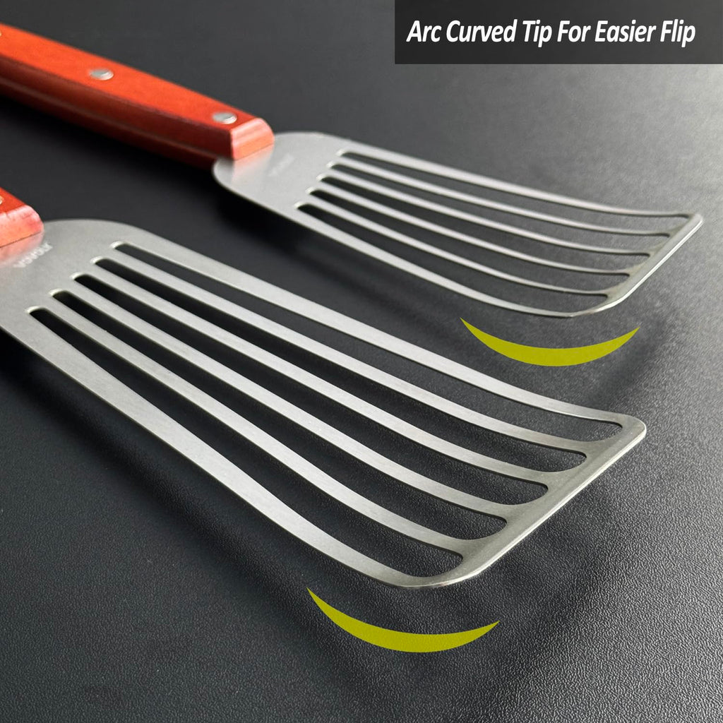 2 Pack Fish Spatula Turner, Stainless Steel Slotted Spatulas for Flipping, Turning, Frying & Grilling, 3"x6"+4"x8" Metal Slotted Spatulas, Wooden Full Tang Handle & Curved Blade
