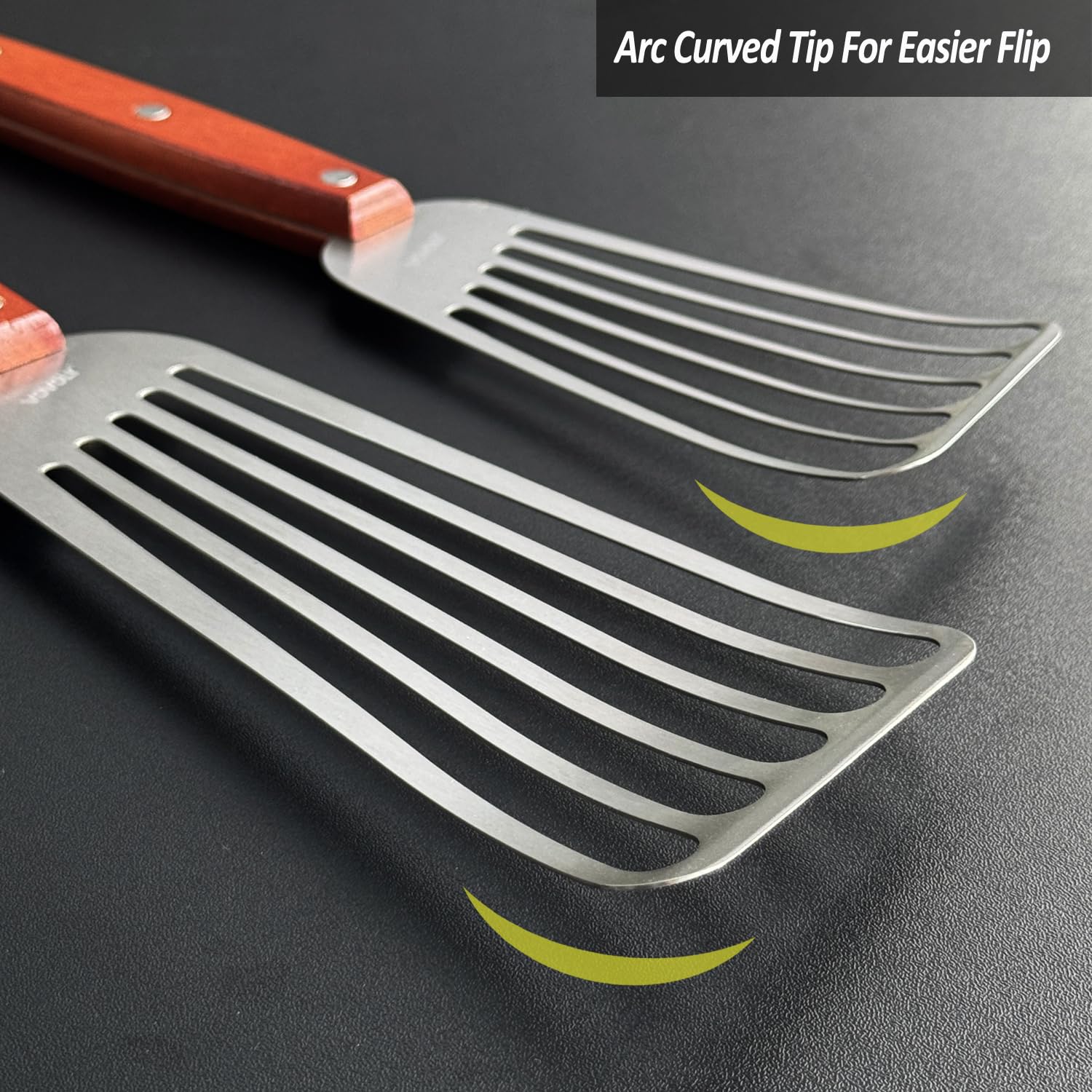 2 Pack Fish Spatula Turner, Stainless Steel Slotted Spatulas for Flipping, Turning, Frying & Grilling, 3"x6"+4"x8" Metal Slotted Spatulas, Wooden Full Tang Handle & Curved Blade