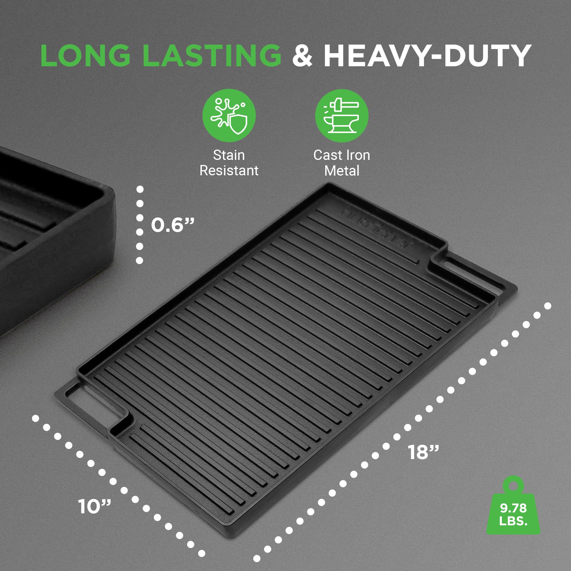 NutriChef Cast Iron Reversible Griddle 18x10 Inch – Pre-Seasoned Flat Top & Ridged Grill Side, Stove Top Griddle for Gas Grill, Outdoor & Indoor Cooking