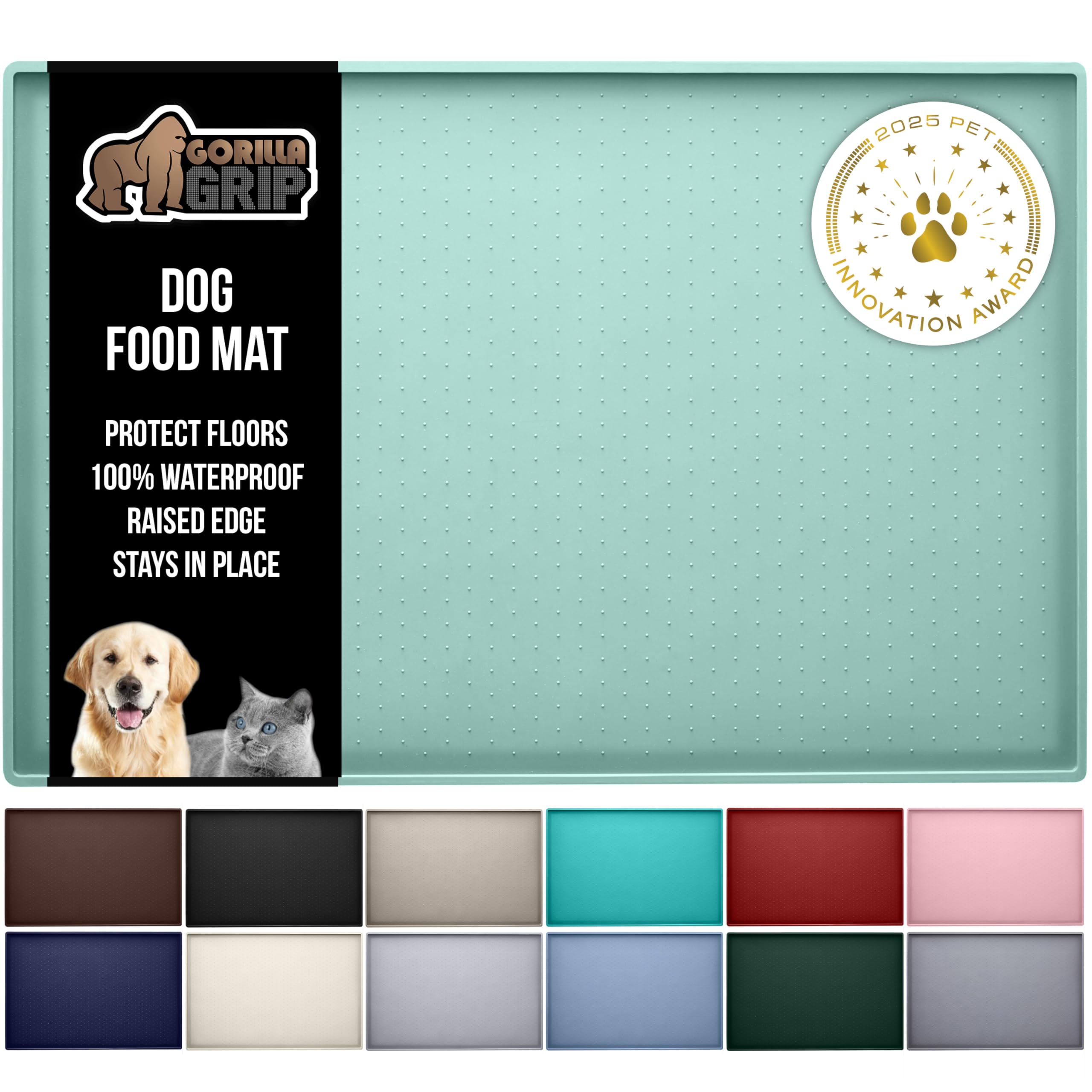 GORILLA GRIP 100% Waterproof Raised Edge BPA Free Silicone Pet Feeding Mat, Dog Cat Food Mats Contain Spills Protects Floors, Placemats for Cats and Dogs Water Bowl, Pets Accessories 18.5x11.5 Gray