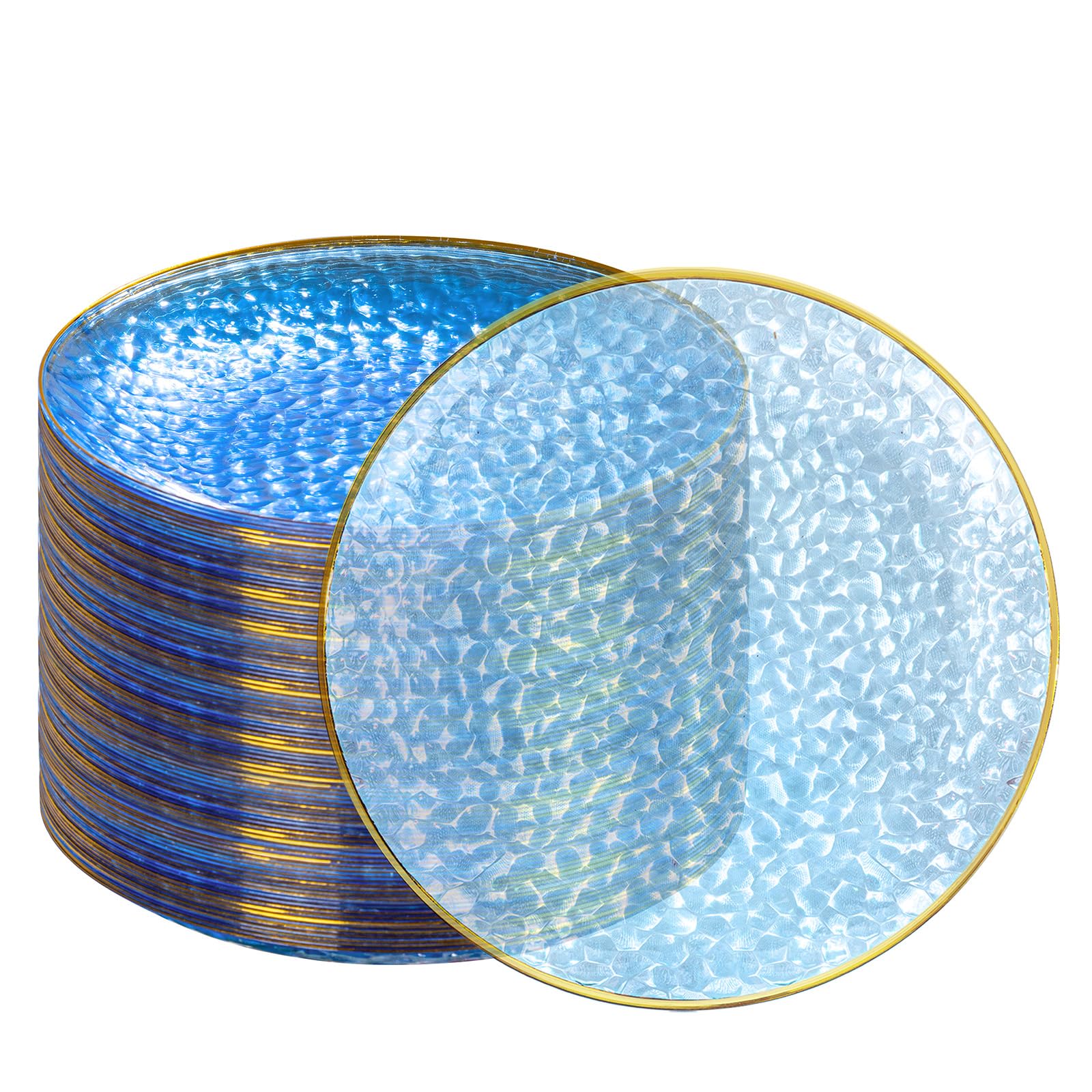 DaYammi 100 Pcs Clear Gold Plastic Plates, Hammered Party Plate, Fancy Plastic Plates Disposable Clear Disposable Dessert Platos, 7 Inch Heavy duty Plastic Dessert Platos for Party & Wedding