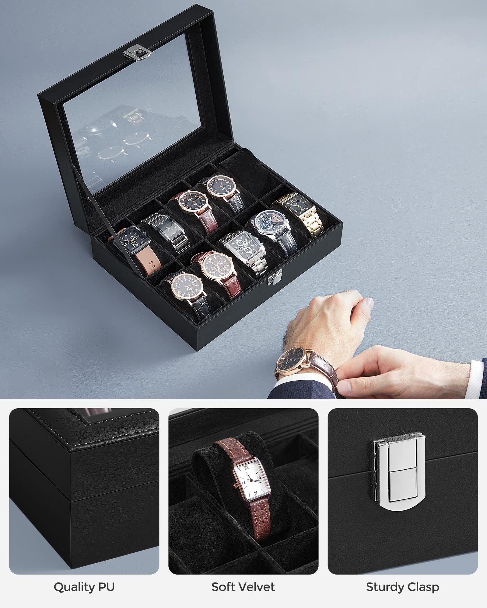 SONGMICS Watch Box, 12-Slot Watch Case Organizer with Large Glass Lid, Removable Pillows, Gift for Loved Ones, Black Synthetic Leather, Gray Lining UJWB12BK