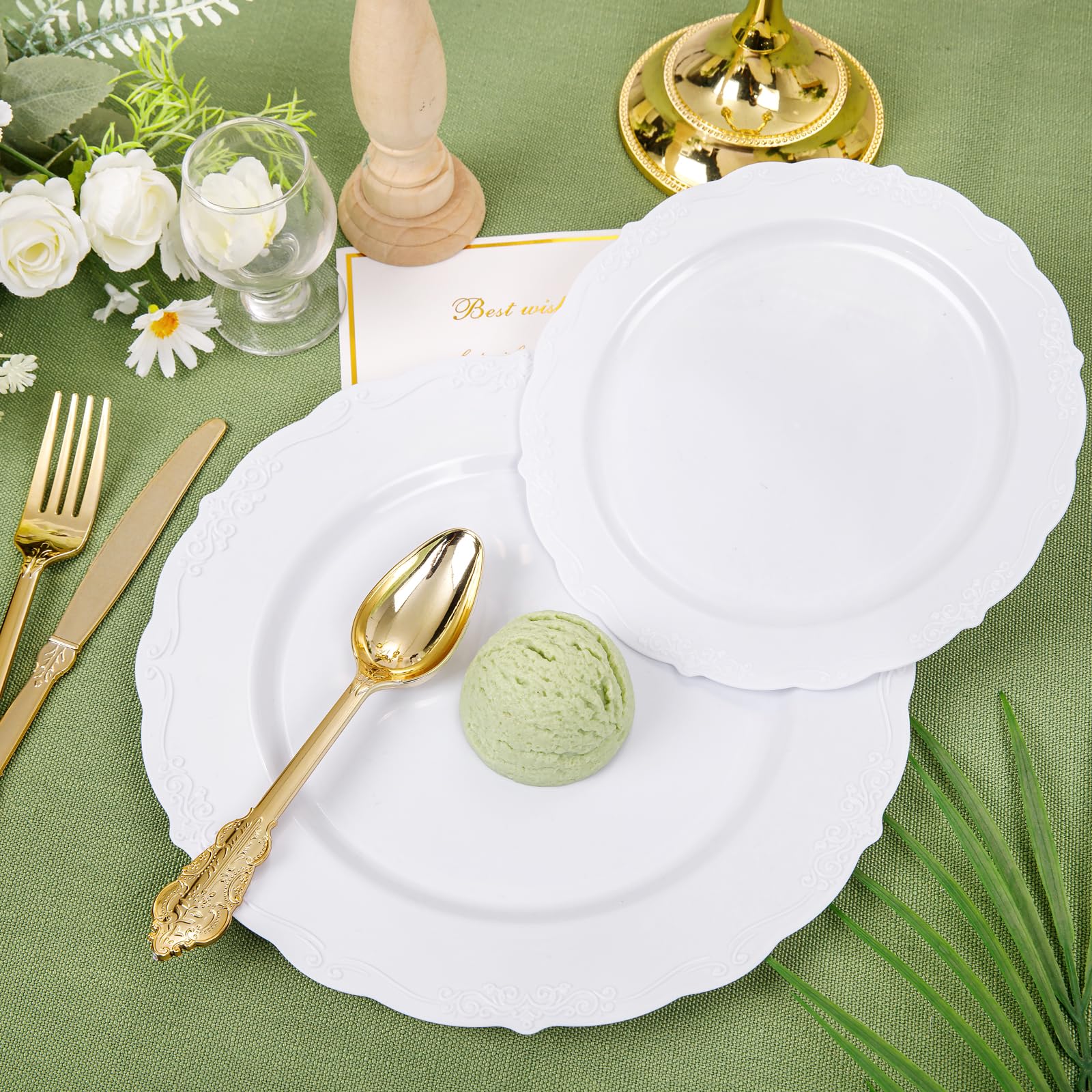 DaYammi 150Pcs Ivory Plastic Plates with Gold Rim,Disposable Plastic Plates Include 30 Dinner Plate,30 Salad Plate,30 Forks,30 Spoons,30 Knives,Ivory and Gold Plates for Party,Wedding,Mother's Day