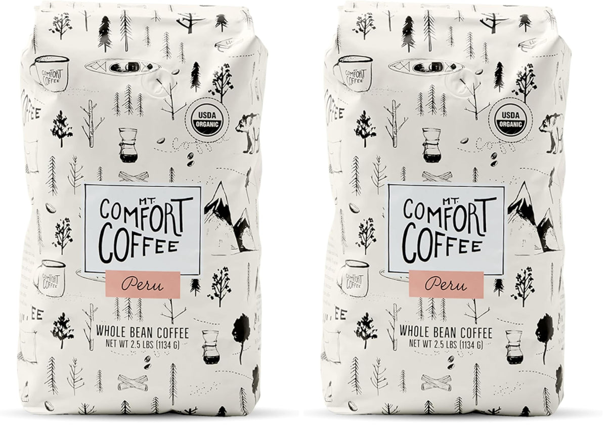 Mt. Comfort Coffee Organic Peru Medium Roast, 2.5 Pounds - Flavor Notes of Nutty, Chocolate, & Citrus - Sourced From Small, Peruvian Coffee Farms - Roasted Whole Beans