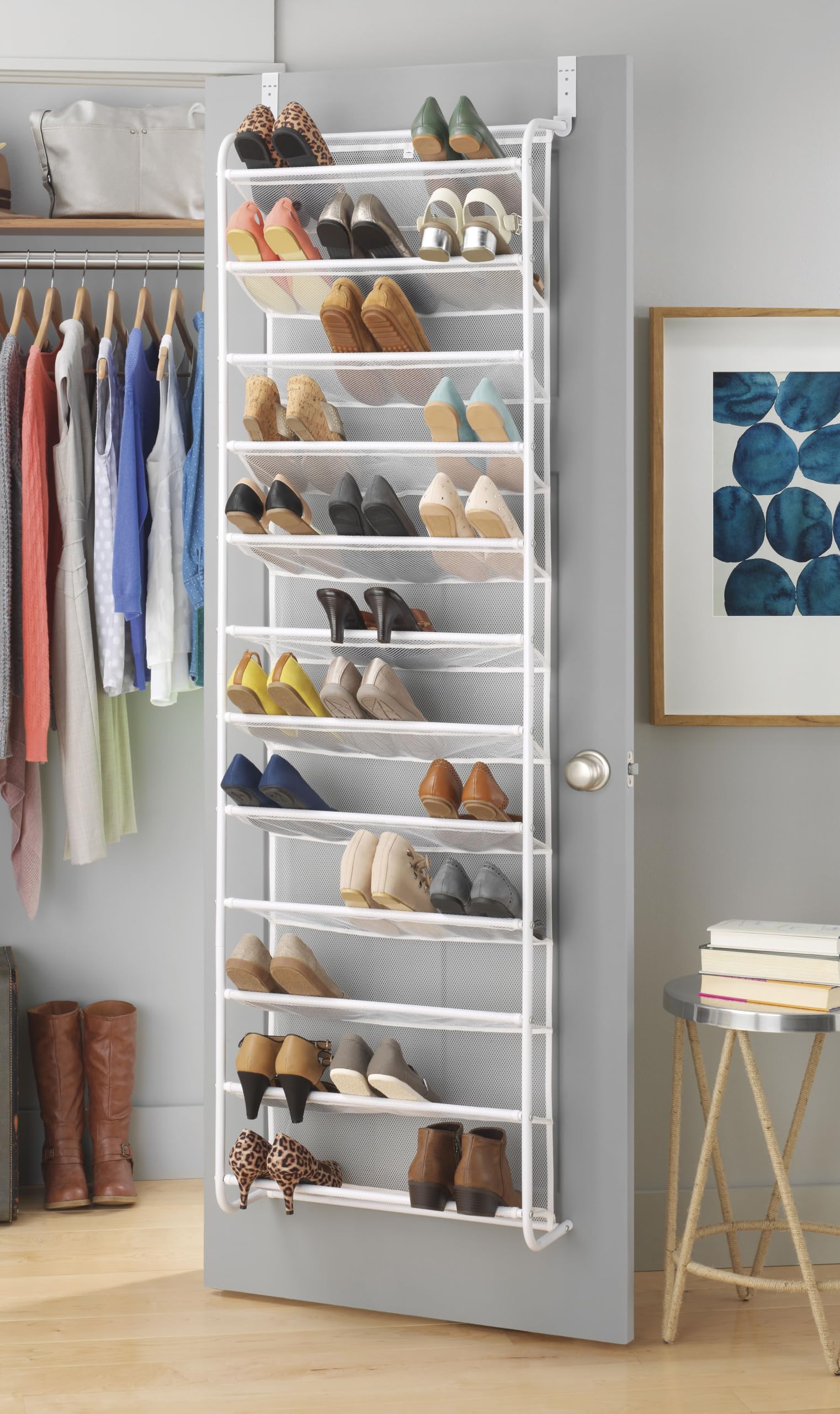 Whitmor 36 Pair Over the Door Shoe Organizer, 12 Tier Hanging Shoe Organizer, Heavy Duty Metal & Mesh Shoe Holder, Hanging Shoe Rack for Closet Organizer & Storage, 74"L x 21.7"W x 7.5"H, White