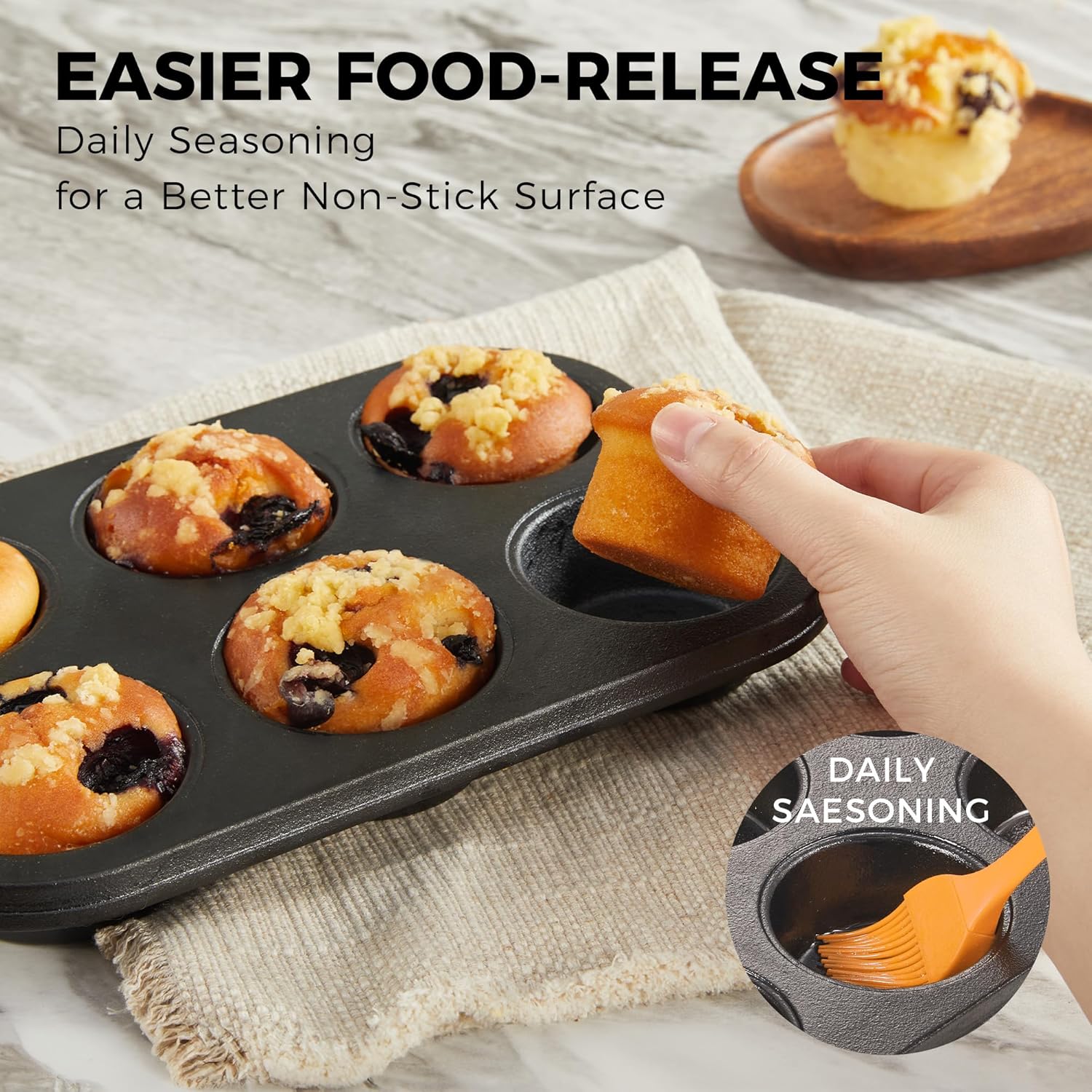 HONGBAKE Cast Iron Muffin Pan, Natural Uncoated Pre-Seasoned Muffin Tin, Nonstick Cupcake Pans for Baking, Stovetop & Oven Safe, Standard Size 6-Cup