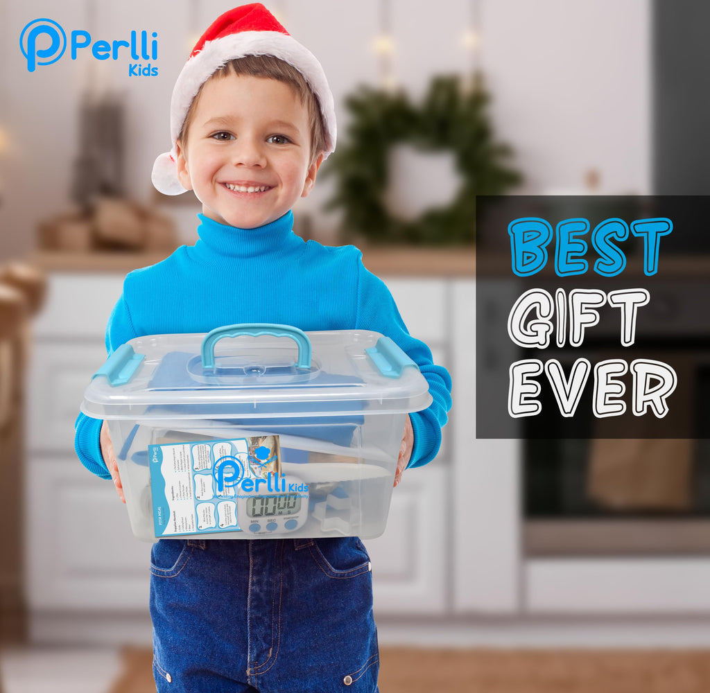 PERLLI Kids Real Cooking Set for Cooking and Baking – 31 Pc. Gift for Junior Chef with Real Utensils, Case & Safe Kids Knife Set for Boys & Girls – Fine Motor Skills & Fun for Children Ages 6+, Orange
