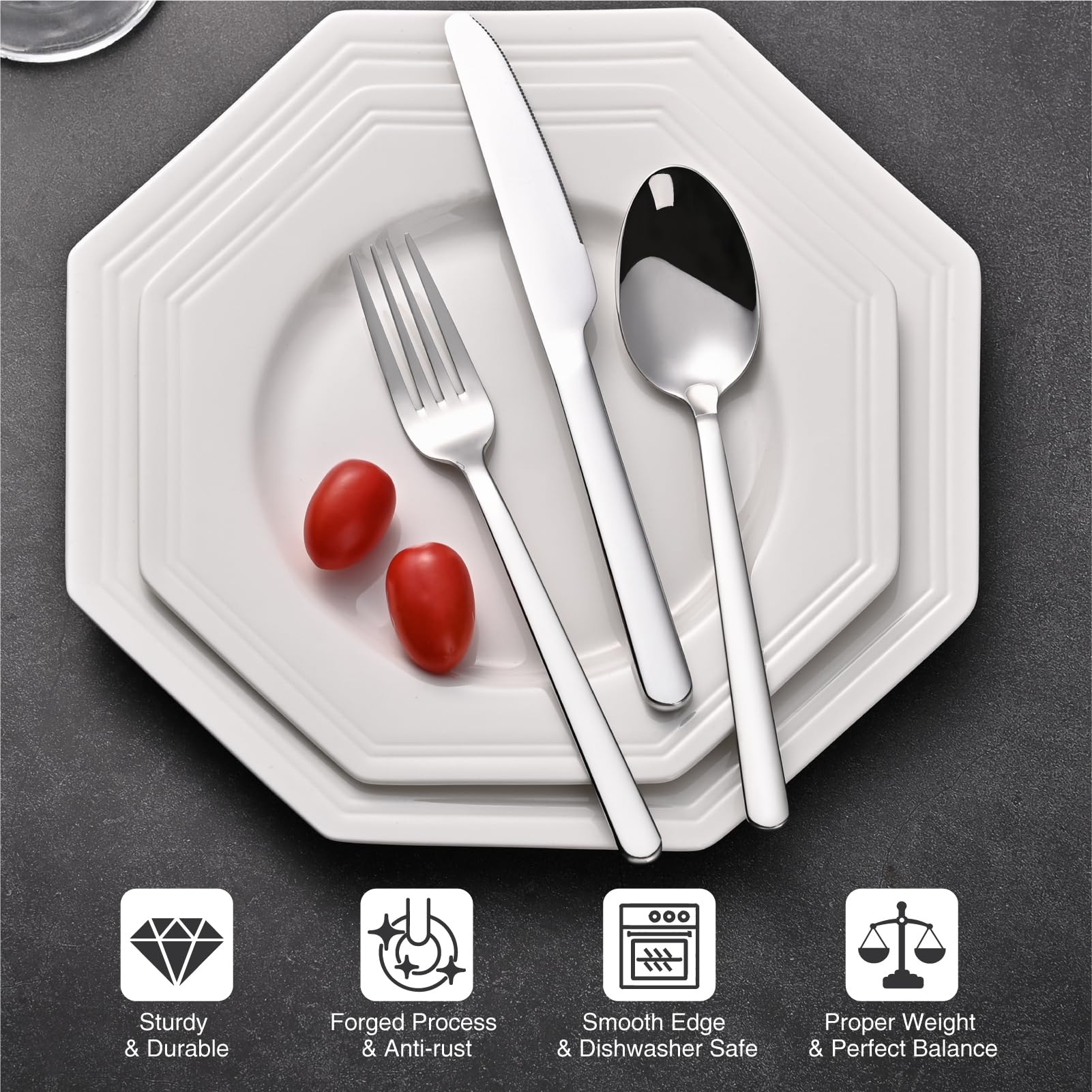 KINGSTONE Forged 30-Piece Silverware Set, Matte Flatware Set for 6, 18/10 Stainless Steel Silverware Utensils Set Dishwasher Safe (Matte Silver)
