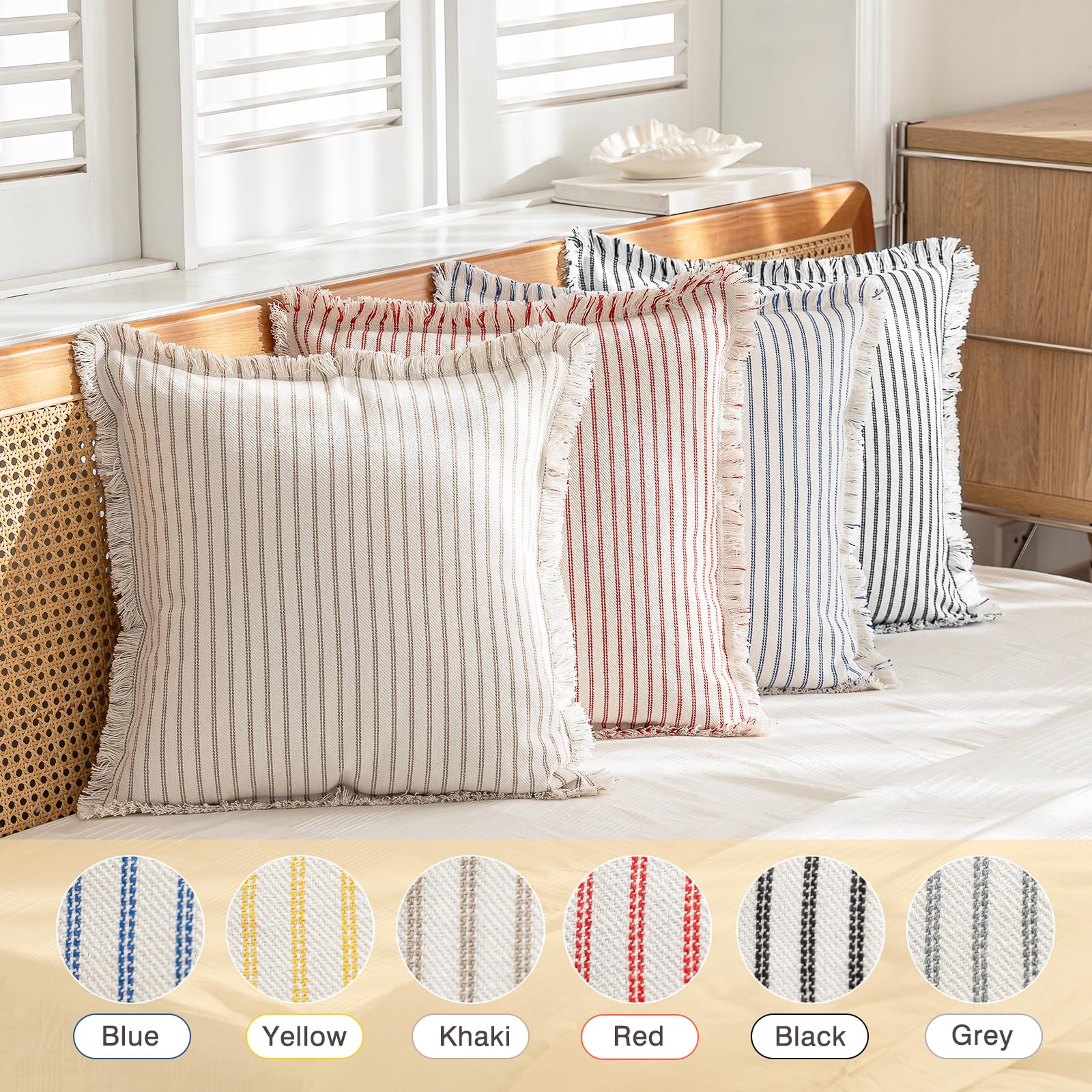YEENAASY Throw Pillow Covers 20x20 Set of 2 Striped Fringe Pillow Cover Farmhouse Cushion Covers with Tassel Neutral Boho Pillows Decorative Square Pillowcase for Couch Sofa Bed, Black