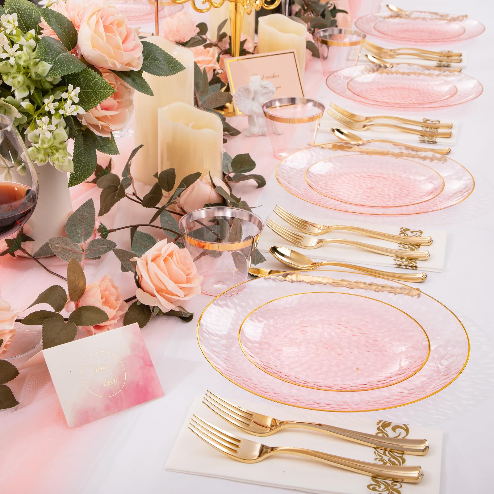 DaYammi 350PCS Clear Gold Plastic Dinnerware Set for 50 Guests, Hammered Disposable Plates for Party, Include: 50 Dinner Plates, 50 Dessert Plates, 150 Gold Silverware, 50 Napkins, 50 Cups