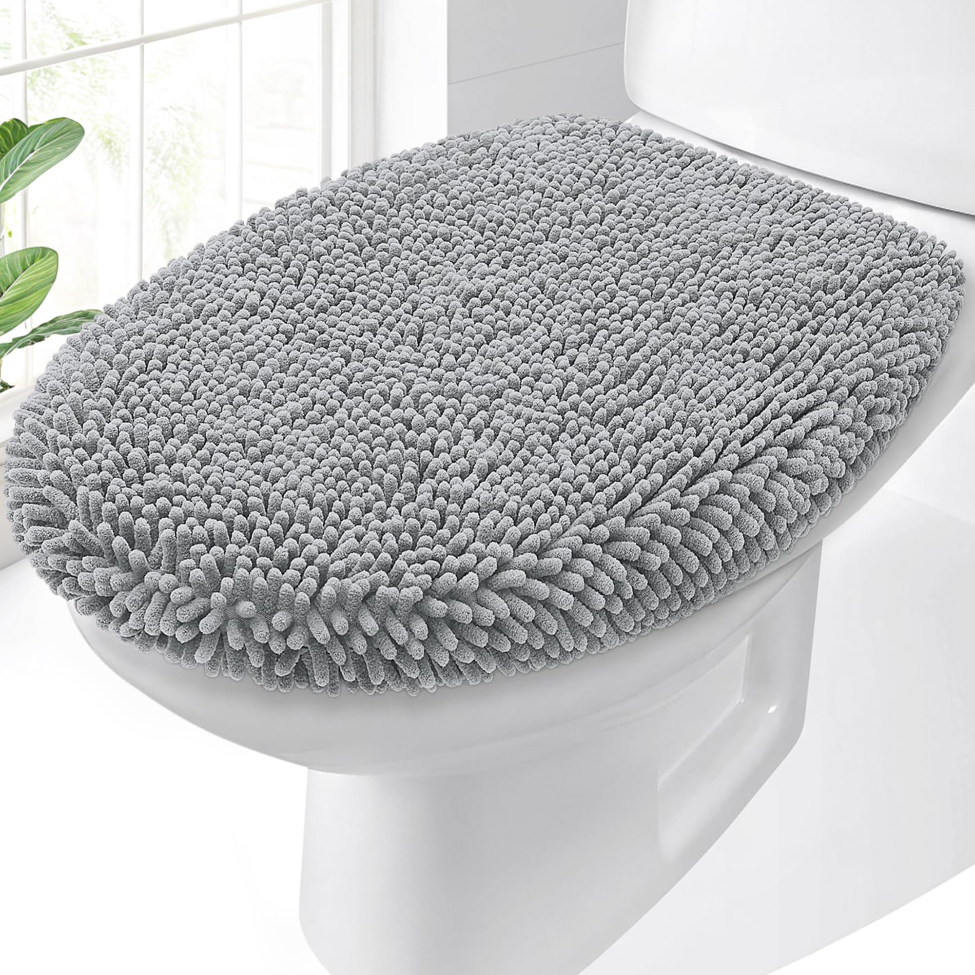 OLANLY Soft Chenille Bathroom Toilet Lid Cover, Machine Washable Seat Covers, 17.5x15, Stays in Place Rubber Backing, Fits Most Round, Elongated and Oblong Lids, Accessories Decor, Gray