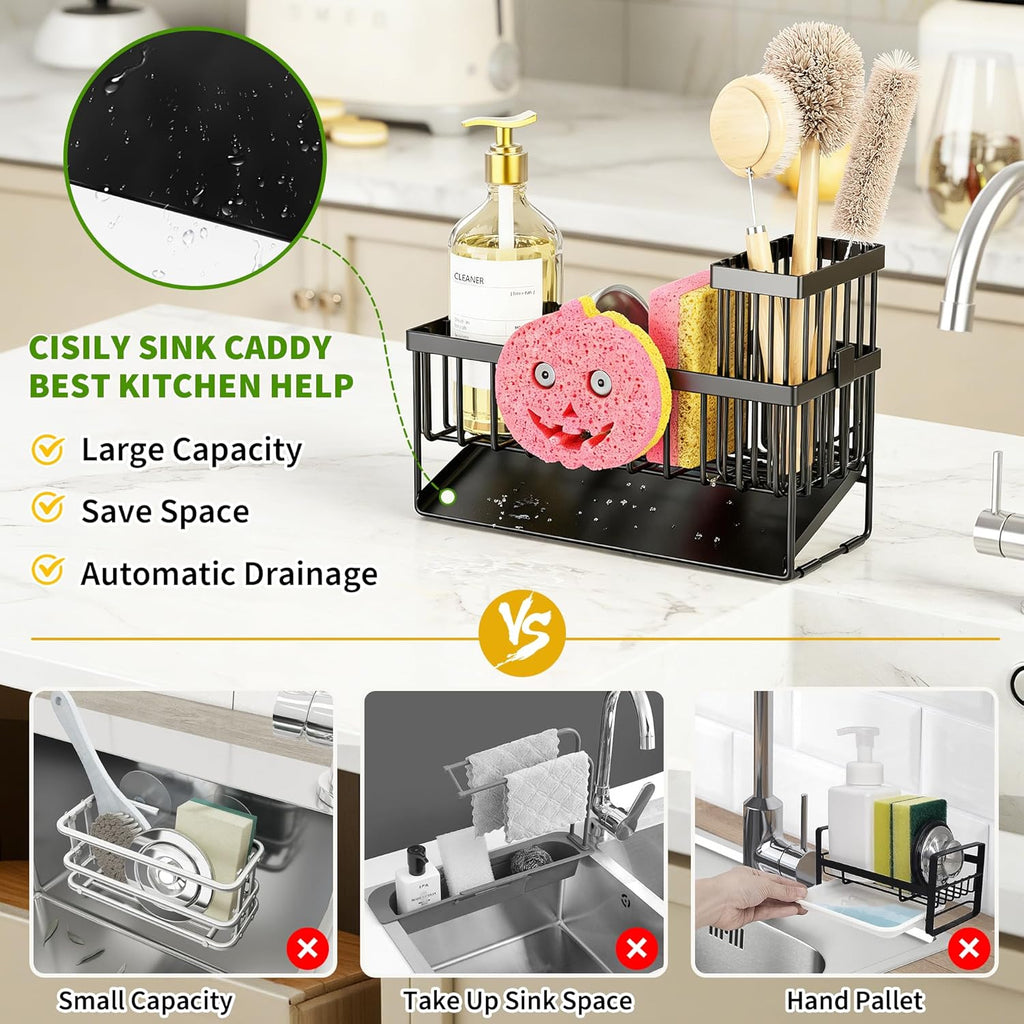 Sponge Holder for Kitchen Sink,Smiley Face Sink Caddy with Removable Brush Holder,Self-Draining Sponge Caddy for Sponge,Soap,Dish Brush,Scrubber,Kitchen Essentials and Gadgets