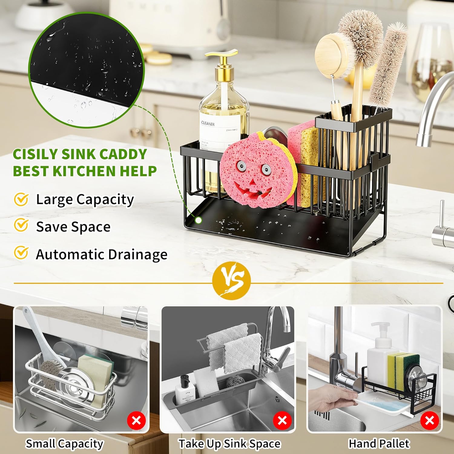 Sponge Holder for Kitchen Sink,Smiley Face Sink Caddy with Removable Brush Holder,Self-Draining Sponge Caddy for Sponge,Soap,Dish Brush,Scrubber,Kitchen Essentials and Gadgets
