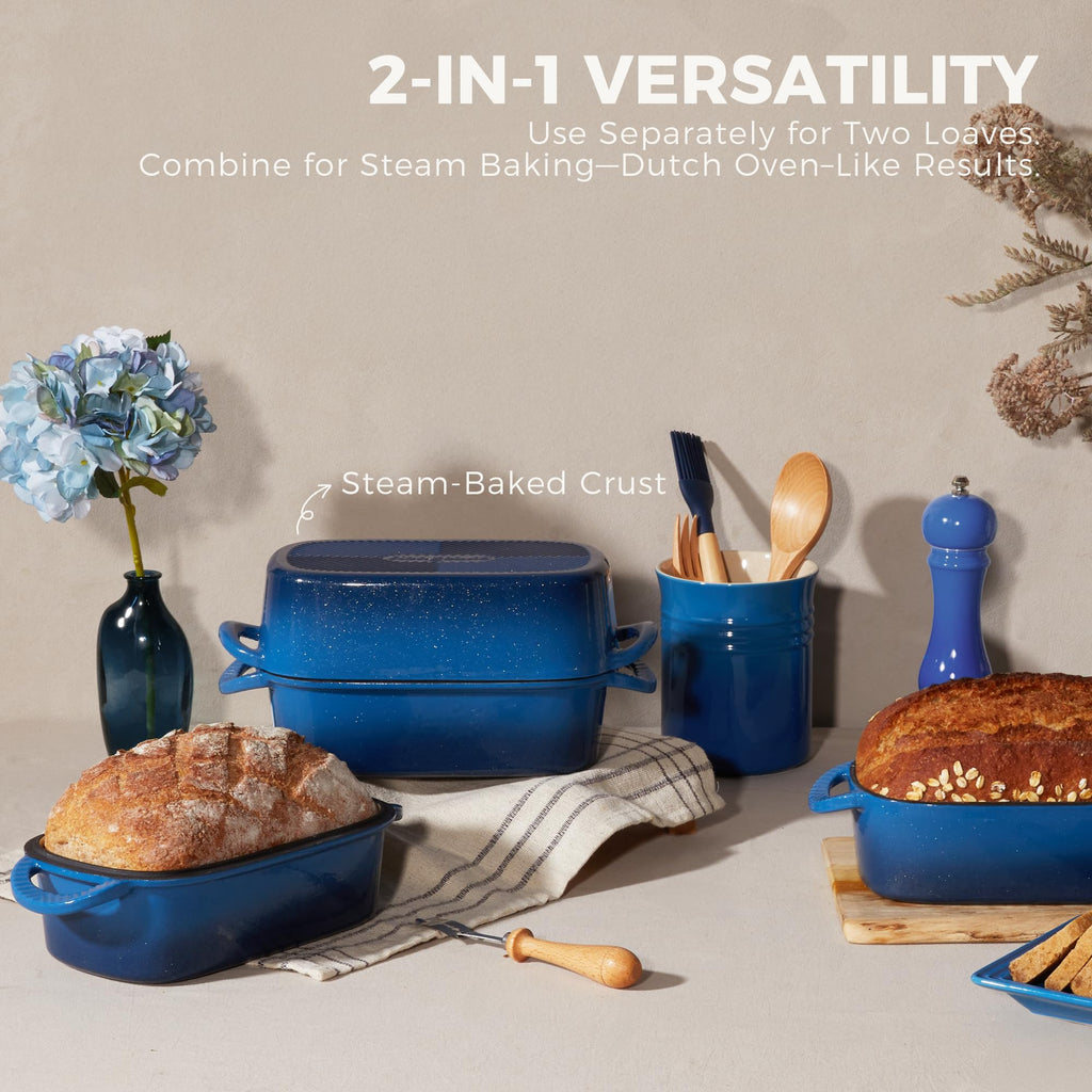 HONGBAKE Everline Collection 2 in 1 Enameled Cast Iron Loaf Pan with Lid, 9x5 Bread Pans for Baking Homemade Sourdough, Nonstick Large Banana Baking Tins, Even Heating Bread Dutch Oven, Blue