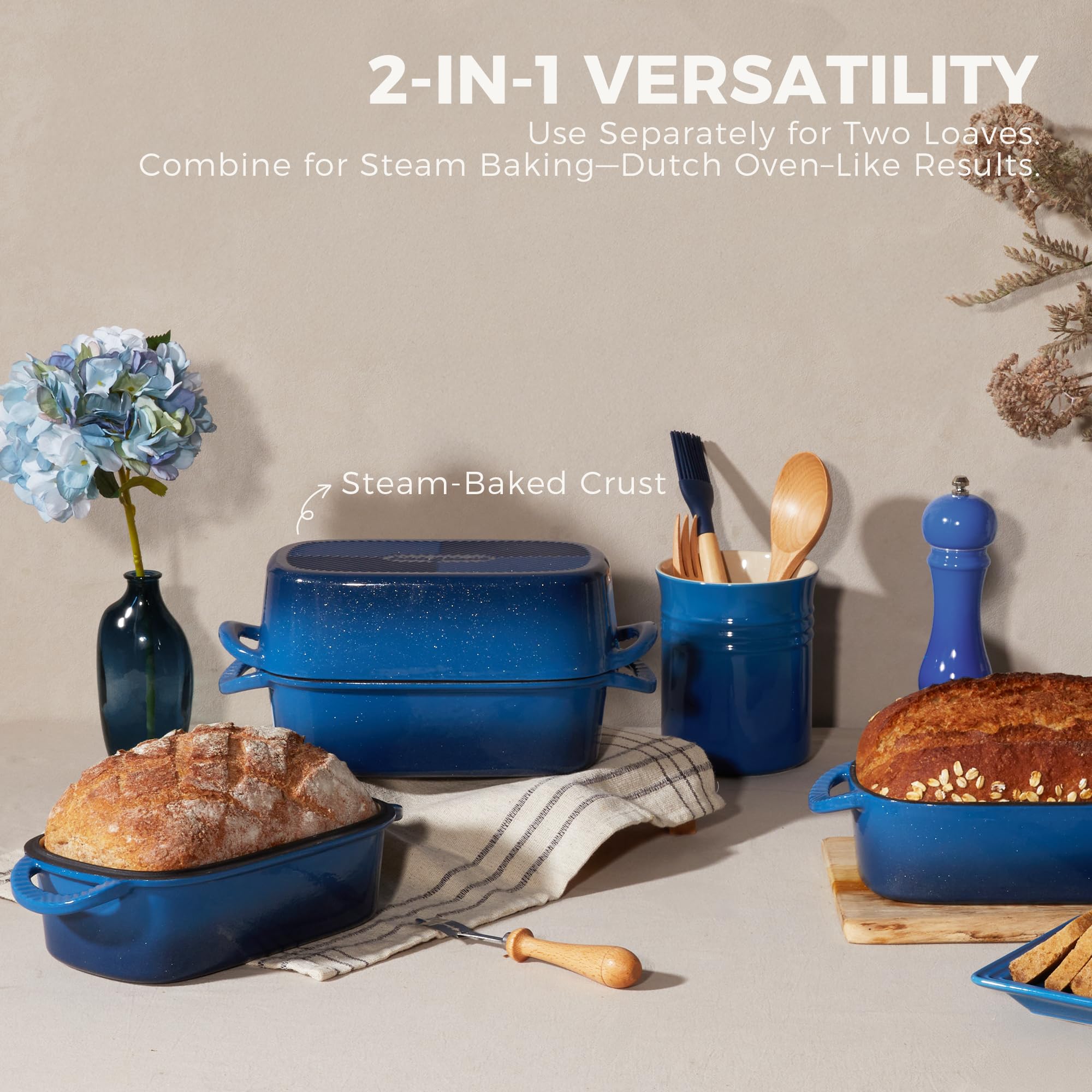 HONGBAKE Everline Collection 2 in 1 Enameled Cast Iron Loaf Pan with Lid, 9x5 Bread Pans for Baking Homemade Sourdough, Nonstick Large Banana Baking Tins, Even Heating Bread Dutch Oven, Blue