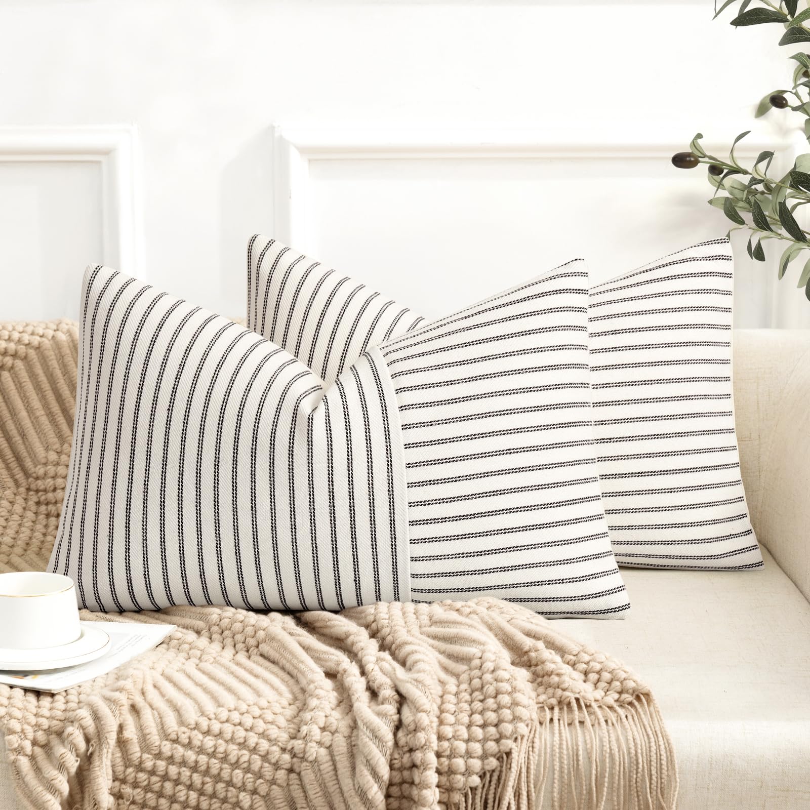 YCOLL Farmhouse Pillow Covers 18x18, Modern Accent Square Throw Pillow Covers Set of 2, Gray and Beige Striped Patchwork Linen Decorative Pillows Cushion Covers for Couch Chair Bedroom Home Decor