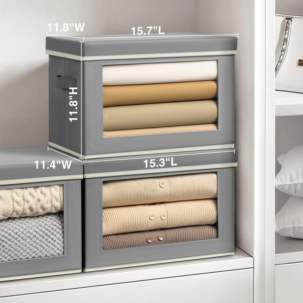 Homsorout Storage Bins with Lids - Fabric Storage Boxe with Window, Collapsible Closet Organizers with Handles, 3 Pack Decorative Bin, Home Cubes Baskets for Clothes, Hat, Books, Dark Grey