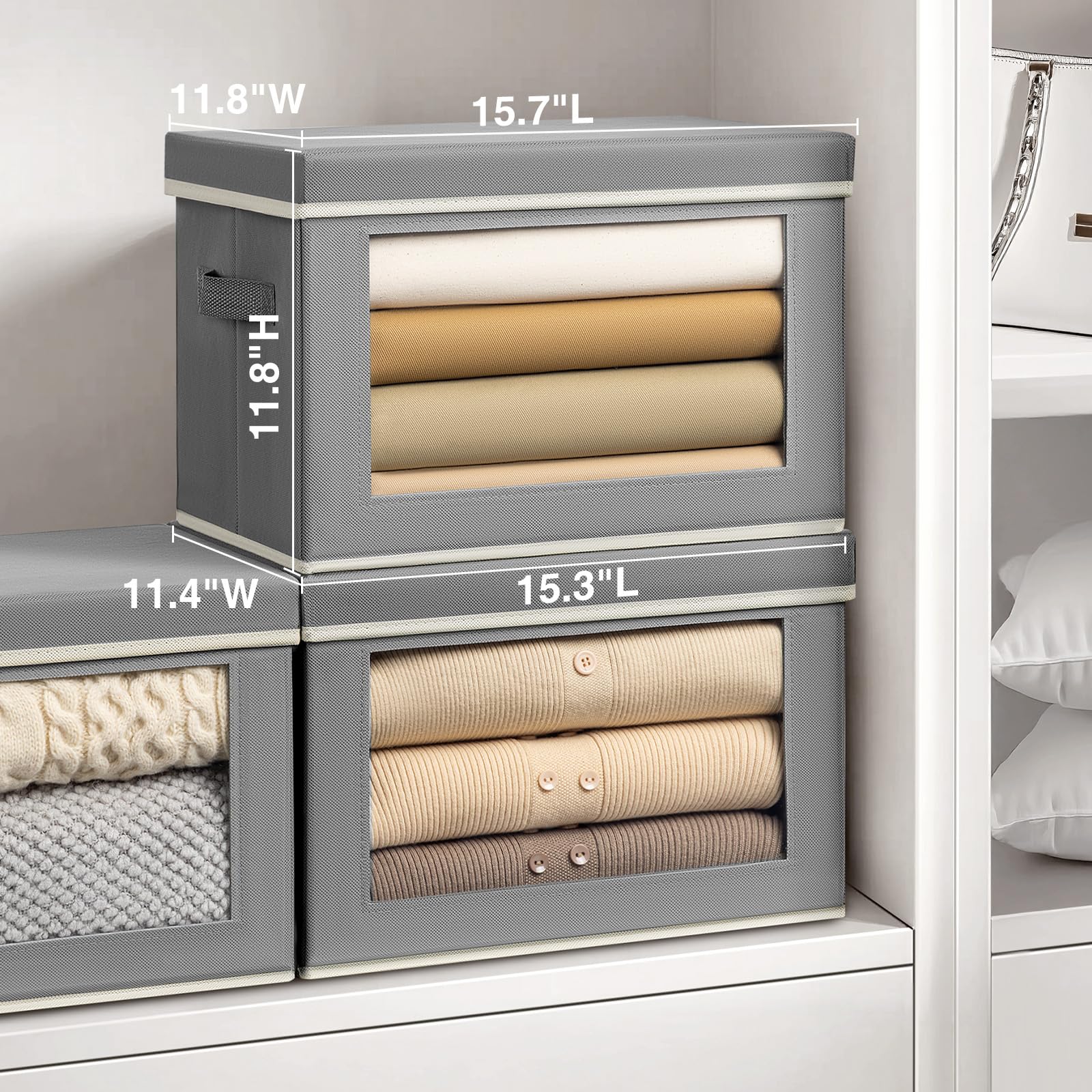 Homsorout Storage Bins with Lids - Fabric Storage Boxe with Window, Collapsible Closet Organizers with Handles, 3 Pack Decorative Bin, Home Cubes Baskets for Clothes, Hat, Books, Dark Grey