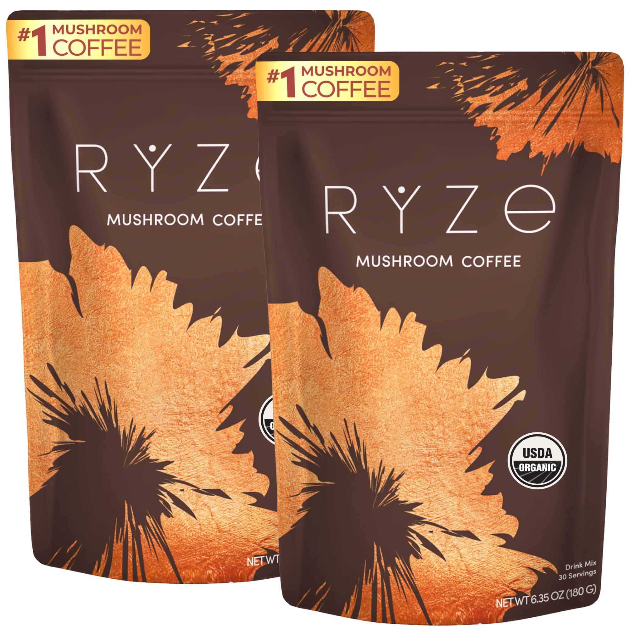 RYZE SUPERFOODS Mushroom Medium Roast Coffee Starter Kit, USDA Organic Instant Coffee with 6 Adaptogenic Mushrooms and for Energy, Focus, Digestion, Immunity with Lions Mane & Turkey Tail 60 Serving