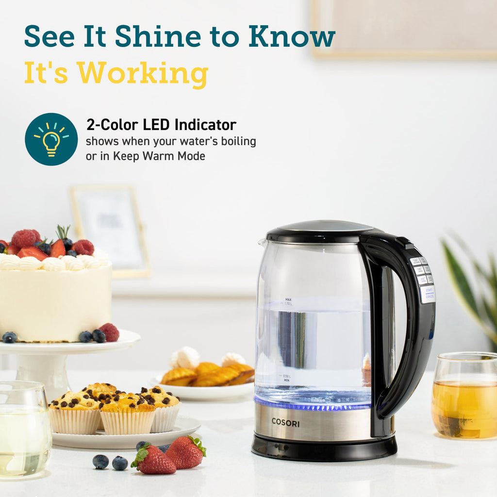Cosori Electric Kettle, No Plastic Contact With Water, Wide Mouth For Easy Cleaning, Auto Shut Off, 1.7L Tea Kettle & Hot Water Boiler, Water Heater & Teapot, Borosilicate Glass, Black, 1500W