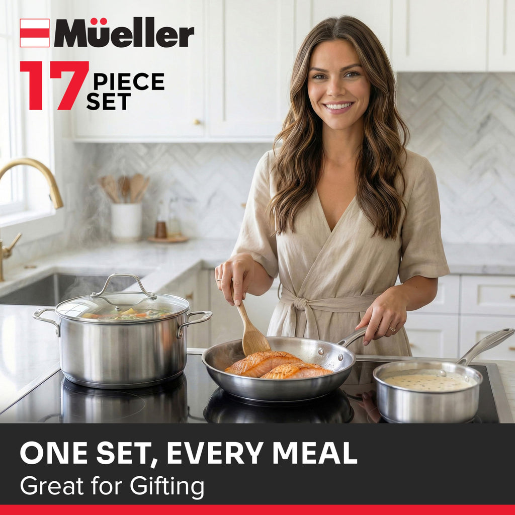 Mueller Pots and Pans Set 17-Piece, Ultra-Clad Pro Stainless Steel Cookware Set, Ergonomic EverCool Handle, Induction Cookware, Includes Saucepans, Skillets, Dutch Oven, Stockpot, Steamer For Cooking