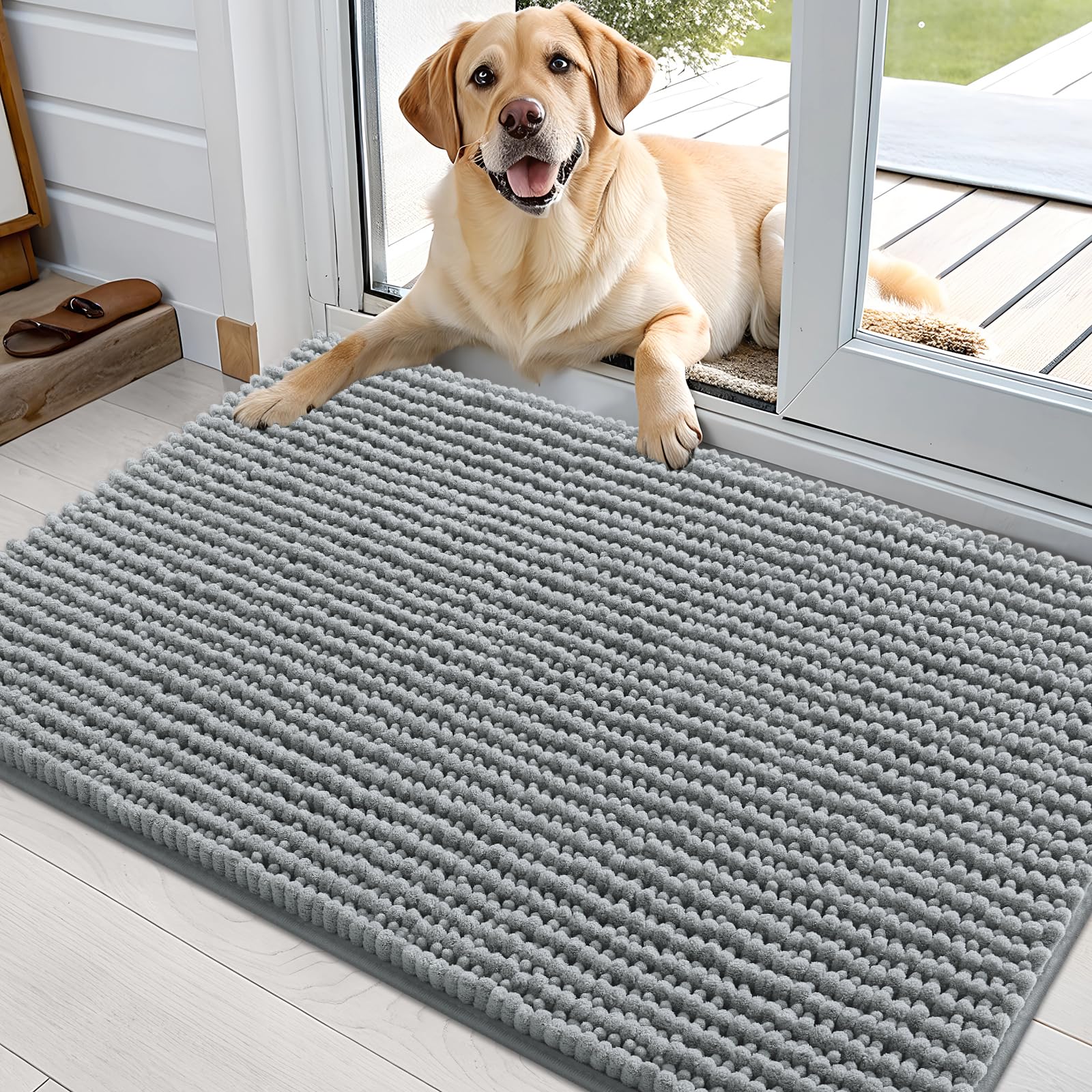 OLANLY Dog Door Mat for Muddy Paws 30x20, Ultra Absorbent Chenille Mud Doormat, Non-Slip Washable and Dirt Trapping Doormat for Indoor Entryway, Quick-Dry Indoor Pet Bed Mats for Dogs, Grey