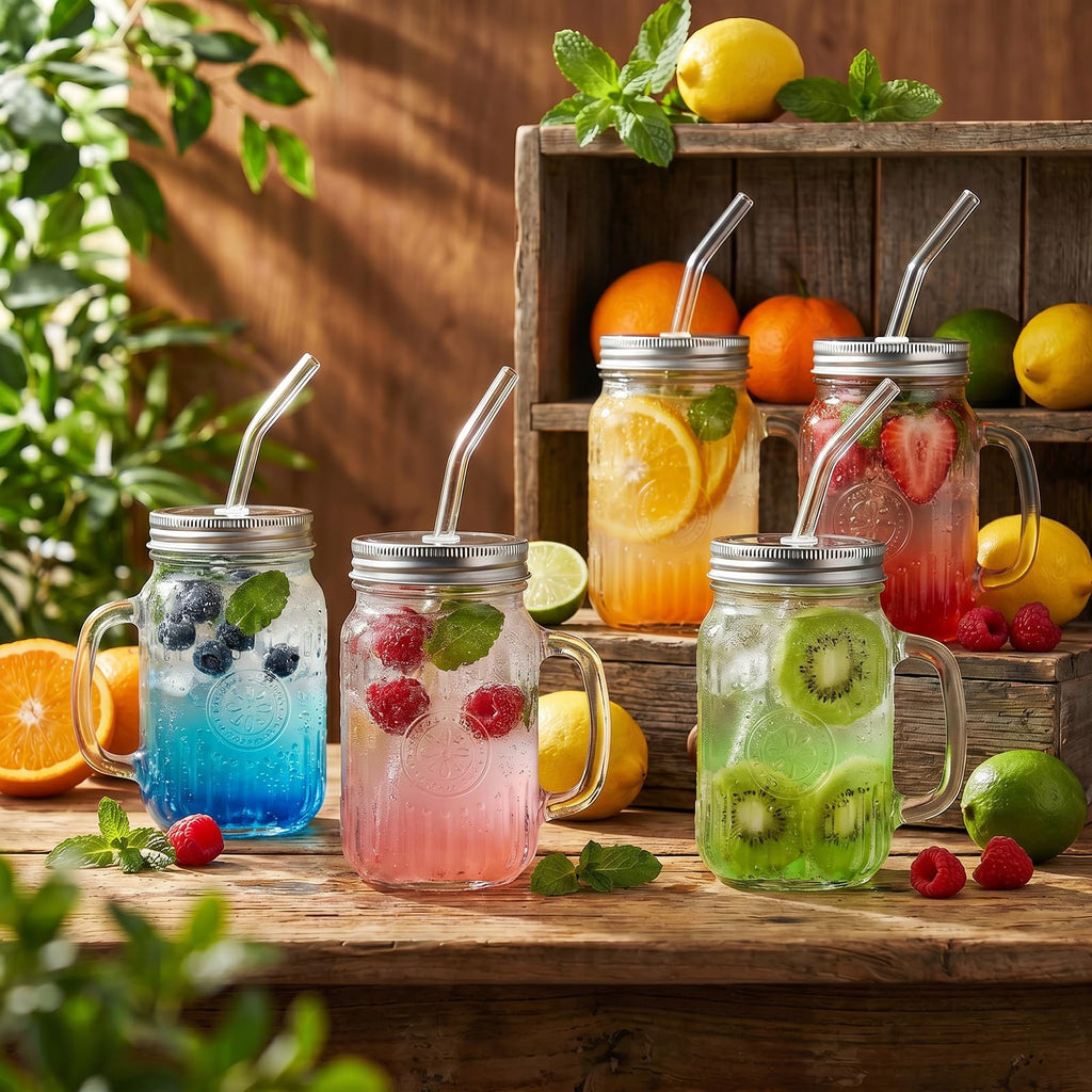 DaYammi Mason Jars with Lids and Straws, 6 Pack 16 Oz Glass Cups for Cold Beverages, Juice, Smoothies, Iced Coffee, Cocktails Leak-Proof Drinking Glasses with Sealed & Straw Lids, Colorful
