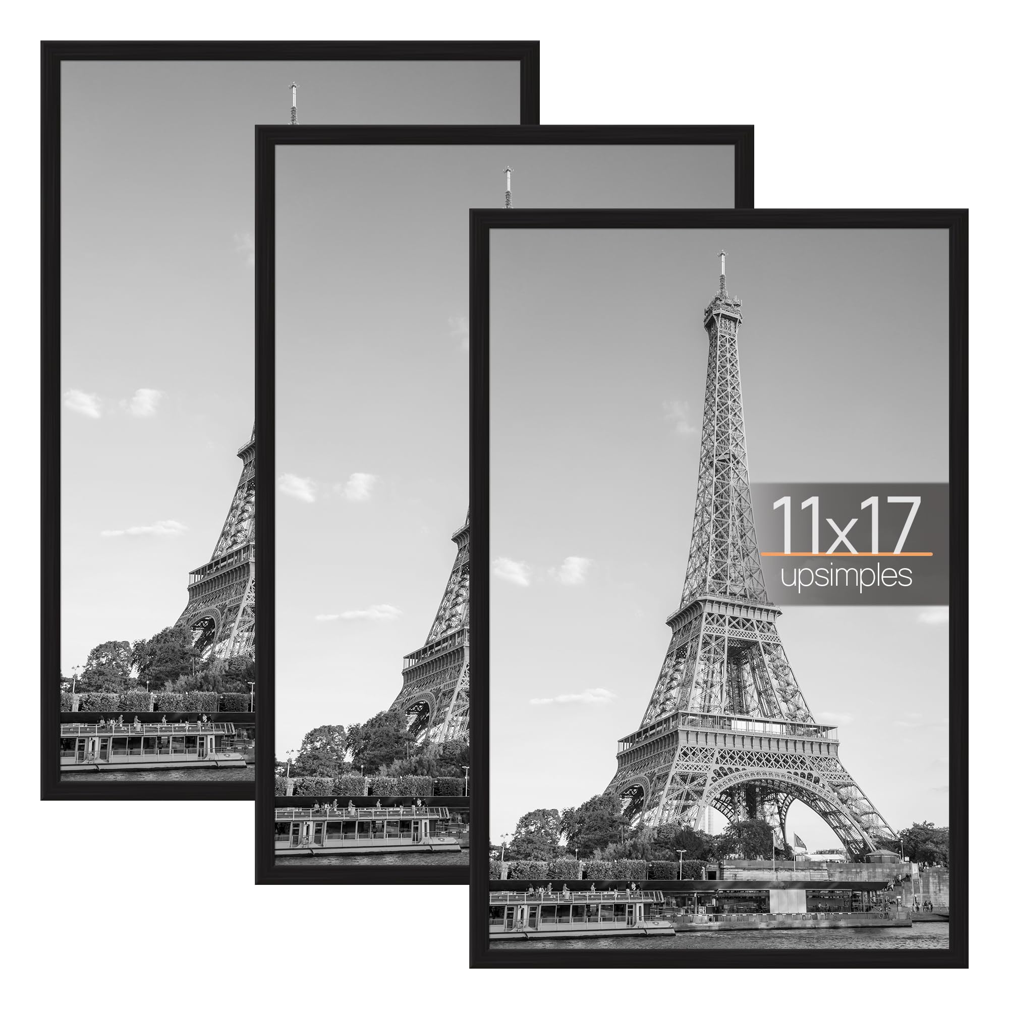 upsimples 12x16 Picture Frame Black 3 Pack, Scratch-Proof Poster Frames 12 x 16 for Photo Gallery - Slide-In Strips, Horizontal or Vertical Wall Mounting
