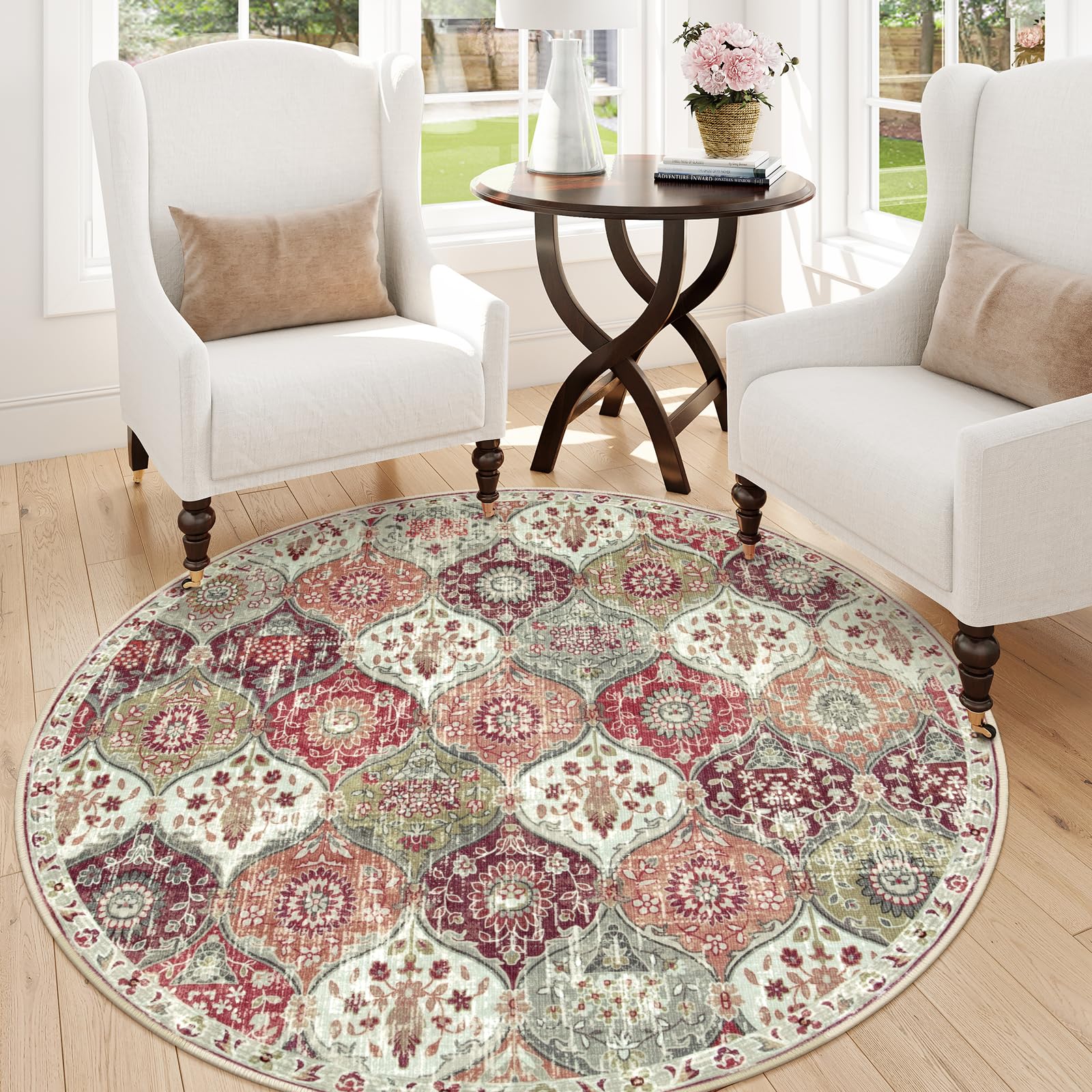 Lahome Moroccan Trellis Washable Rug, 2x3 Kitchen Rugs for Entryway Bathroom, Non-Slip Indoor Door Mat Ultra-Thin, Small Oriental Throw Carpet for Bedroom Entry Elise, Cream/Multi