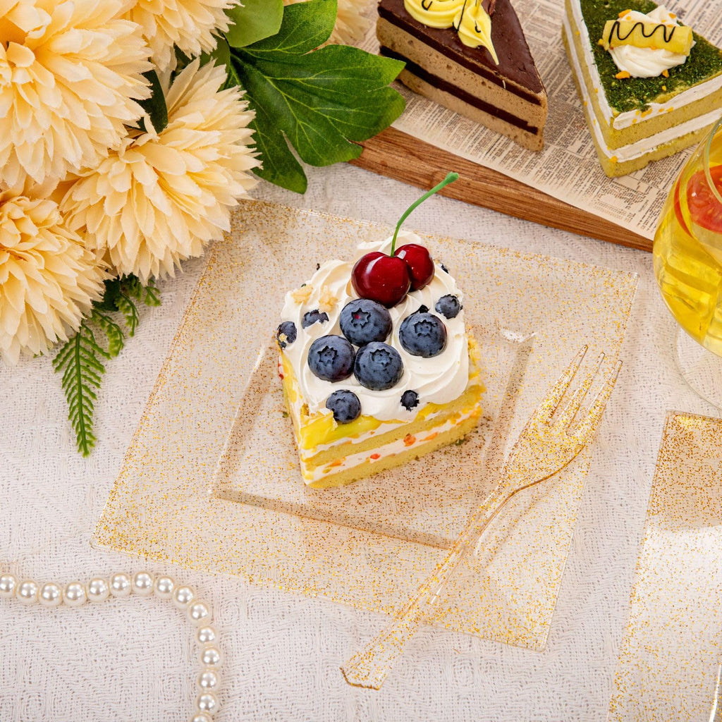 DaYammi 200Pcs Gold Dessert Plates Including 100Pcs Appetizer Plates 6",100Pcs Plastic Forks 5.7",Gold Glitter Plastic Square Plate for Party,Gold Salad Plate and Cake Forks for Party Wedding