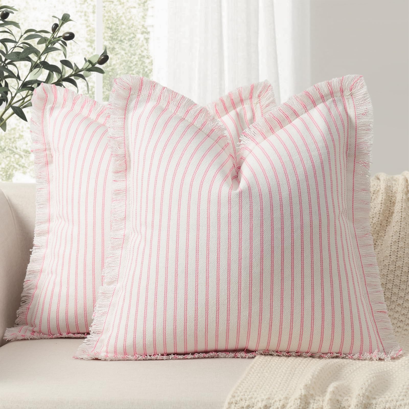 ZWJD Throw Pillow Covers 20x20 Set of 2 Striped Pillow Covers with Fringe Chic Cotton Decorative Pillows Square Cushion Covers for Sofa Couch Bed Living Room Farmhouse Decor, (Gray)