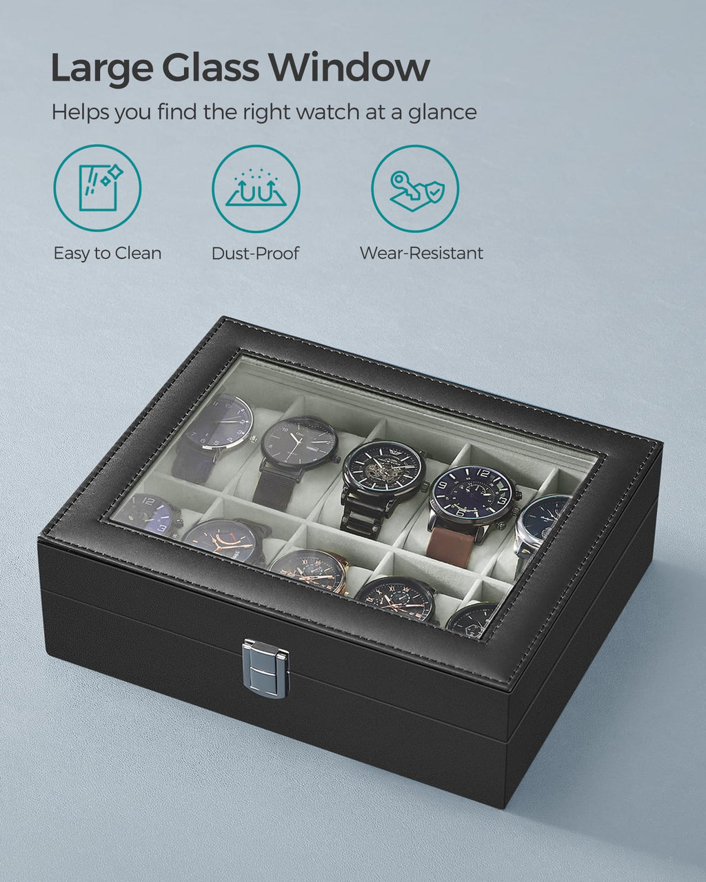 SONGMICS Watch Box, 12-Slot Watch Case Organizer with Large Glass Lid, Removable Pillows, Gift for Loved Ones, Black Synthetic Leather, Gray Lining UJWB12BK