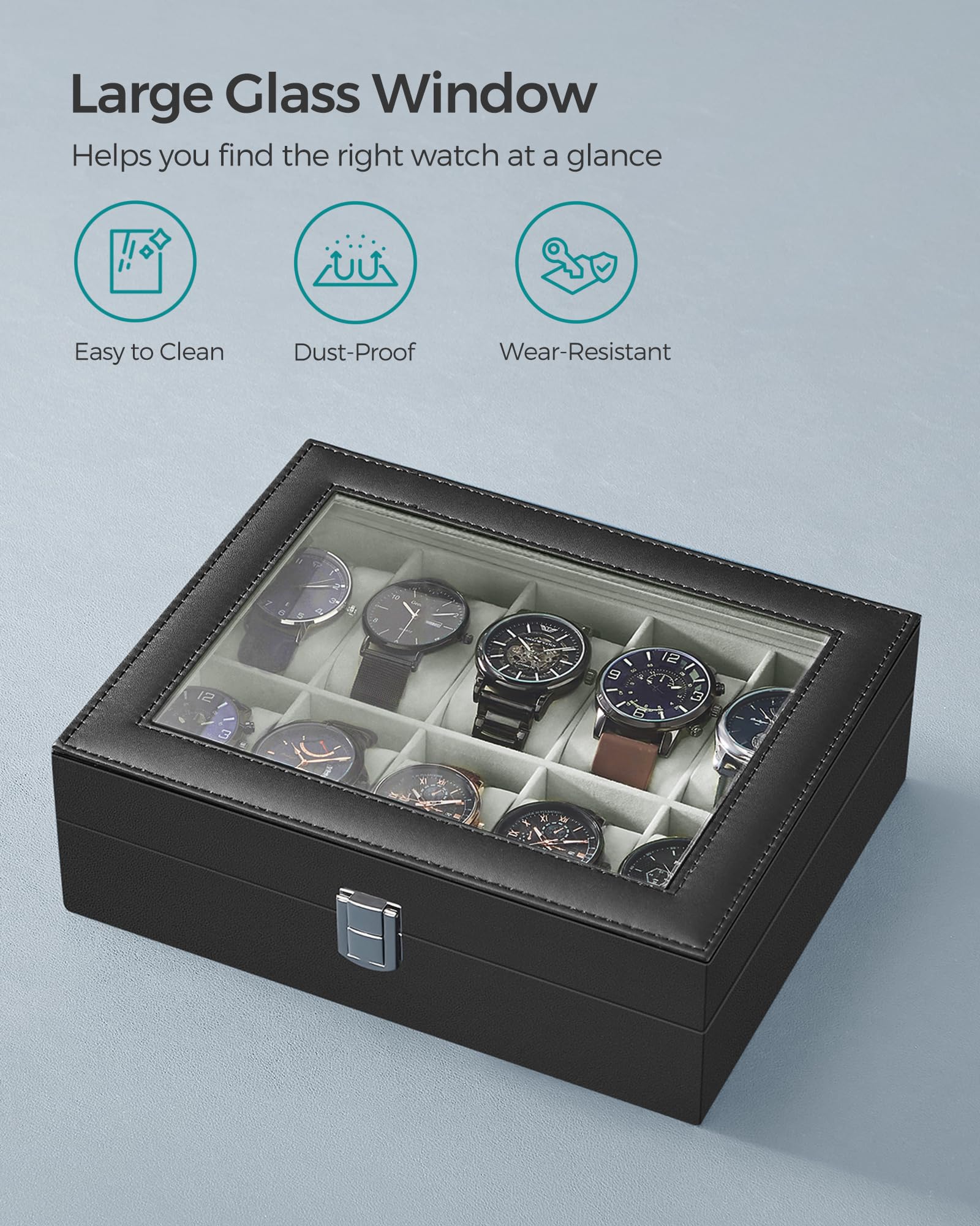 SONGMICS Watch Box, 12-Slot Watch Case Organizer with Large Glass Lid, Removable Pillows, Gift for Loved Ones, Black Synthetic Leather, Gray Lining UJWB12BK