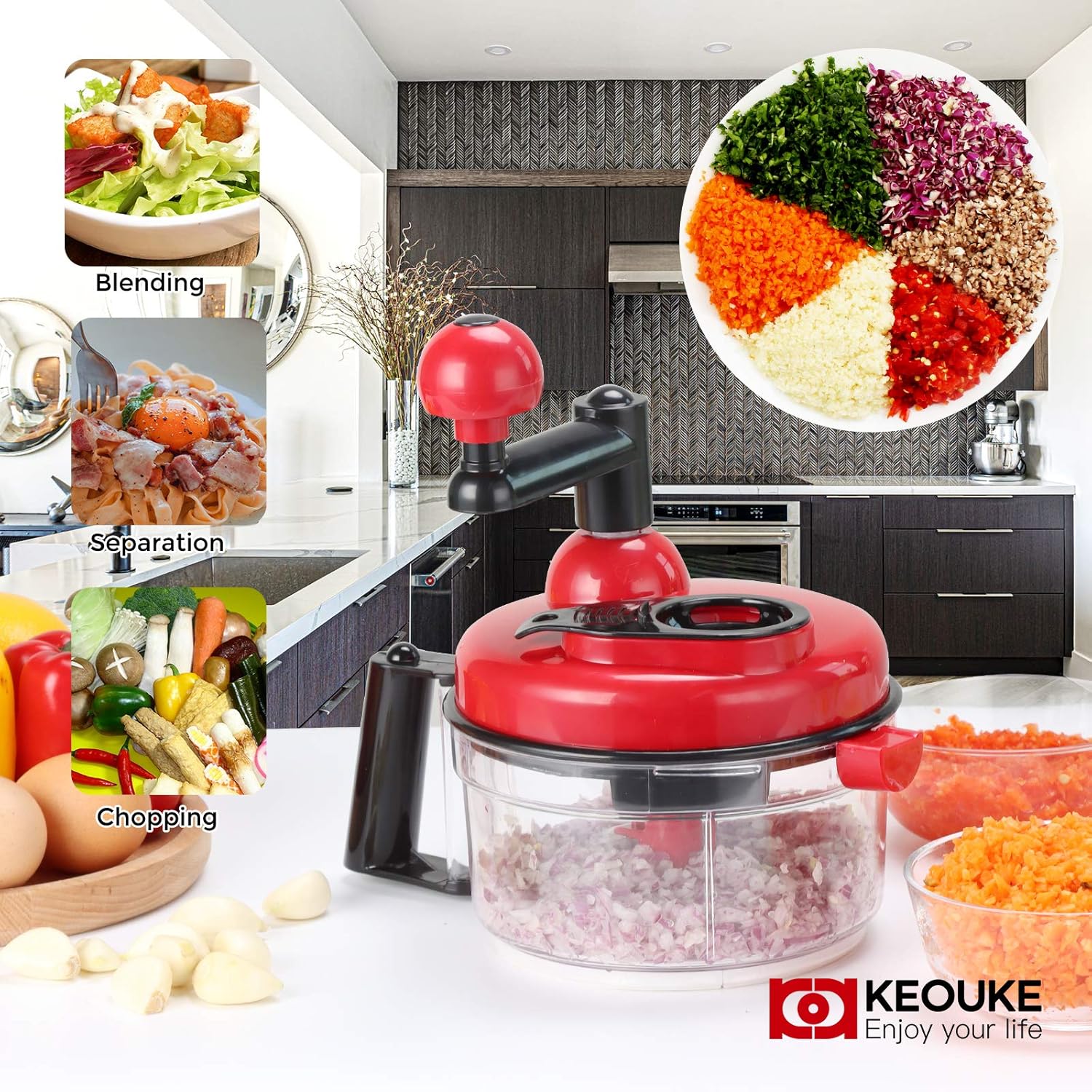 KEOUKE Rotary Cheese Grater with Handle Vegetable Cheese Shredder Slicer Grater with Onion Chopper Food Chopper- Hand Crank Food Processor