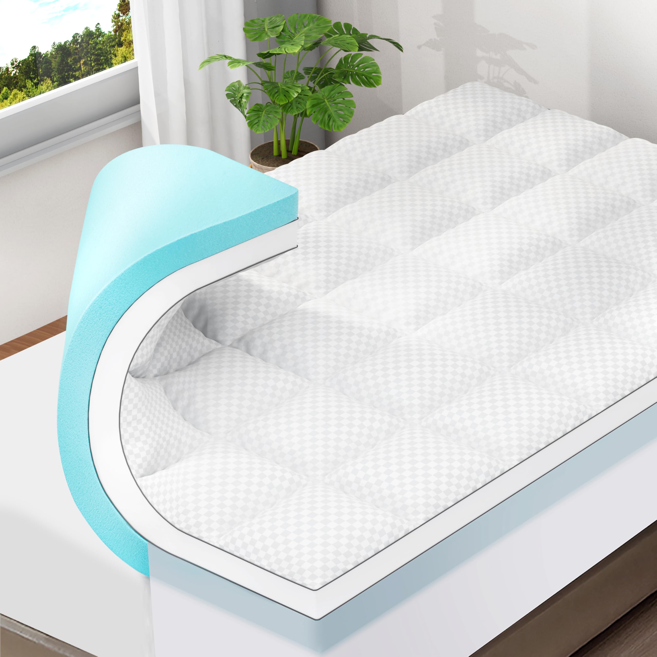 OLANLY Dual-Layer 4 Inch Queen Size Memory Foam Mattress Topper for Back Pain, 2 Inch Cooling Pillow Top Mattress Pad Cover and 2 Inch Gel Memory Foam Topper, Deep Elastic Pocket, Grey