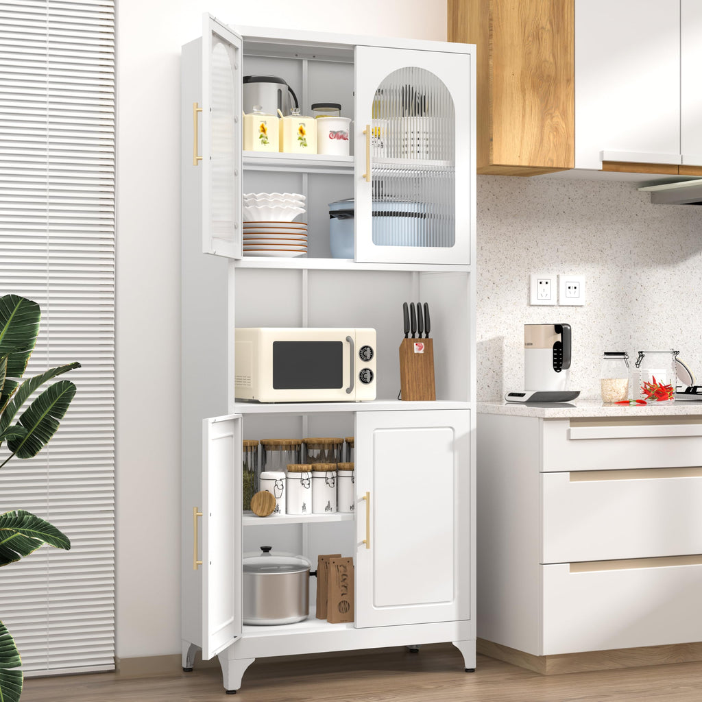 75" Tall Metal Kitchen Storage Cabinet,White Kitchen Pantry Storage Cabinet with Doors and 4 Adjustable Shelves,Utility Cabinet for Living Room,Garage,Dining Room and Office,Assemble Required