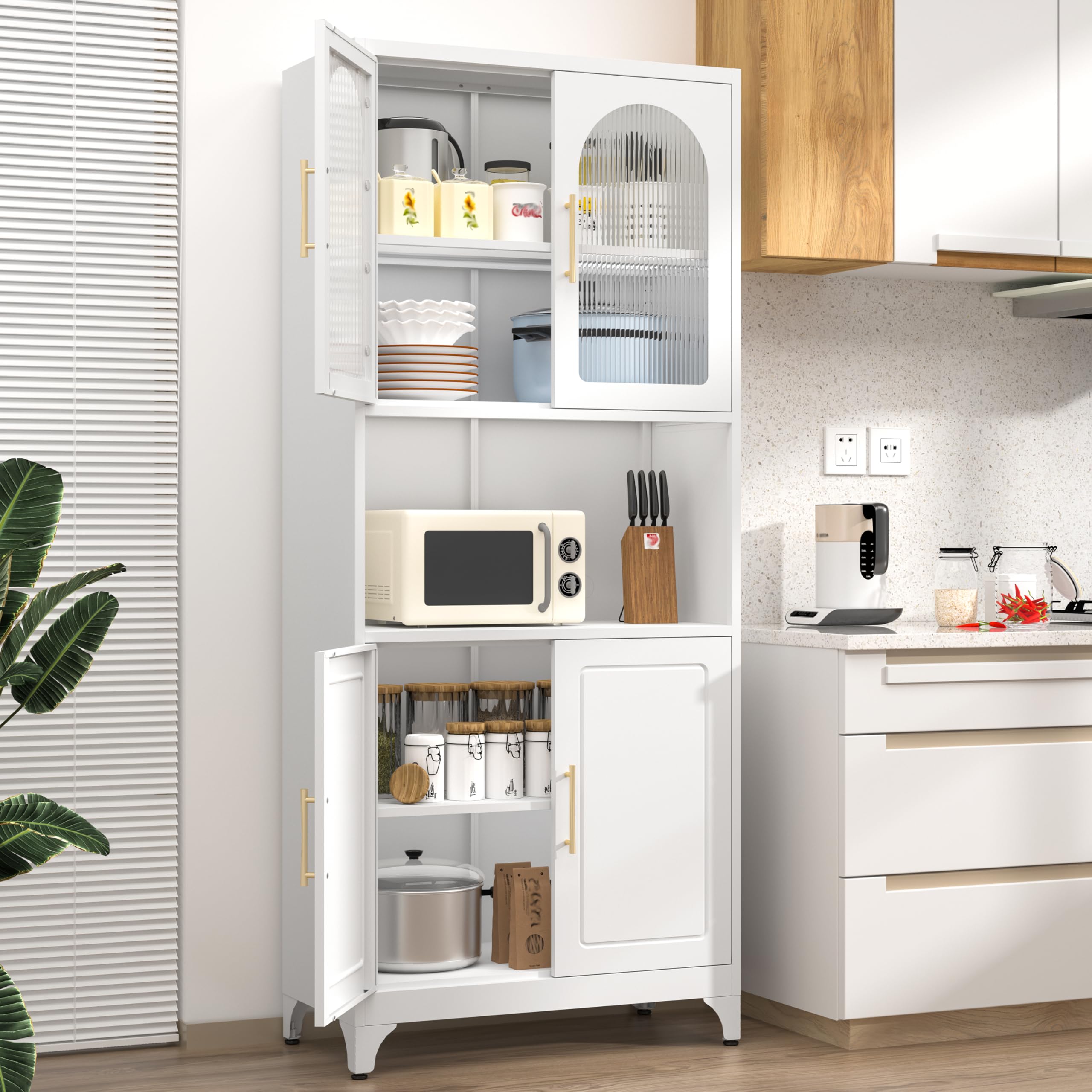 75" Tall Metal Kitchen Storage Cabinet,White Kitchen Pantry Storage Cabinet with Doors and 4 Adjustable Shelves,Utility Cabinet for Living Room,Garage,Dining Room and Office,Assemble Required