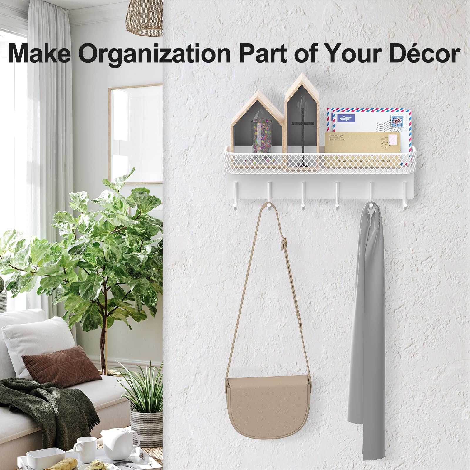 Key Holder for Wall – Decorative Stainless Steel Key Hanger with 6 Hooks for Hats, Bags, Leashes – Mail Holder Key Rack with Mounting Hardware and Guide (9.65” x 2.8” x 2.2”) (Black)