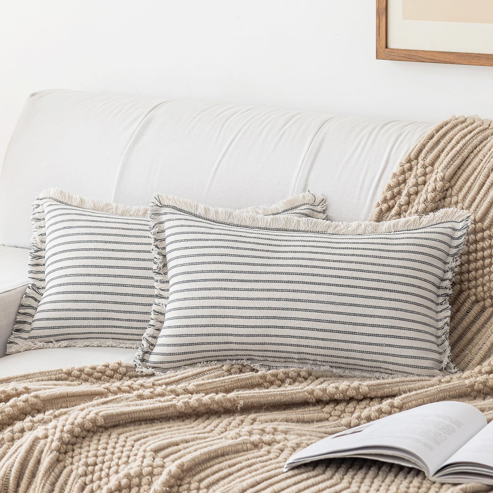 YEENAASY Throw Pillow Covers 20x20 Set of 2 Striped Fringe Pillow Cover Farmhouse Cushion Covers with Tassel Neutral Boho Pillows Decorative Square Pillowcase for Couch Sofa Bed, Black