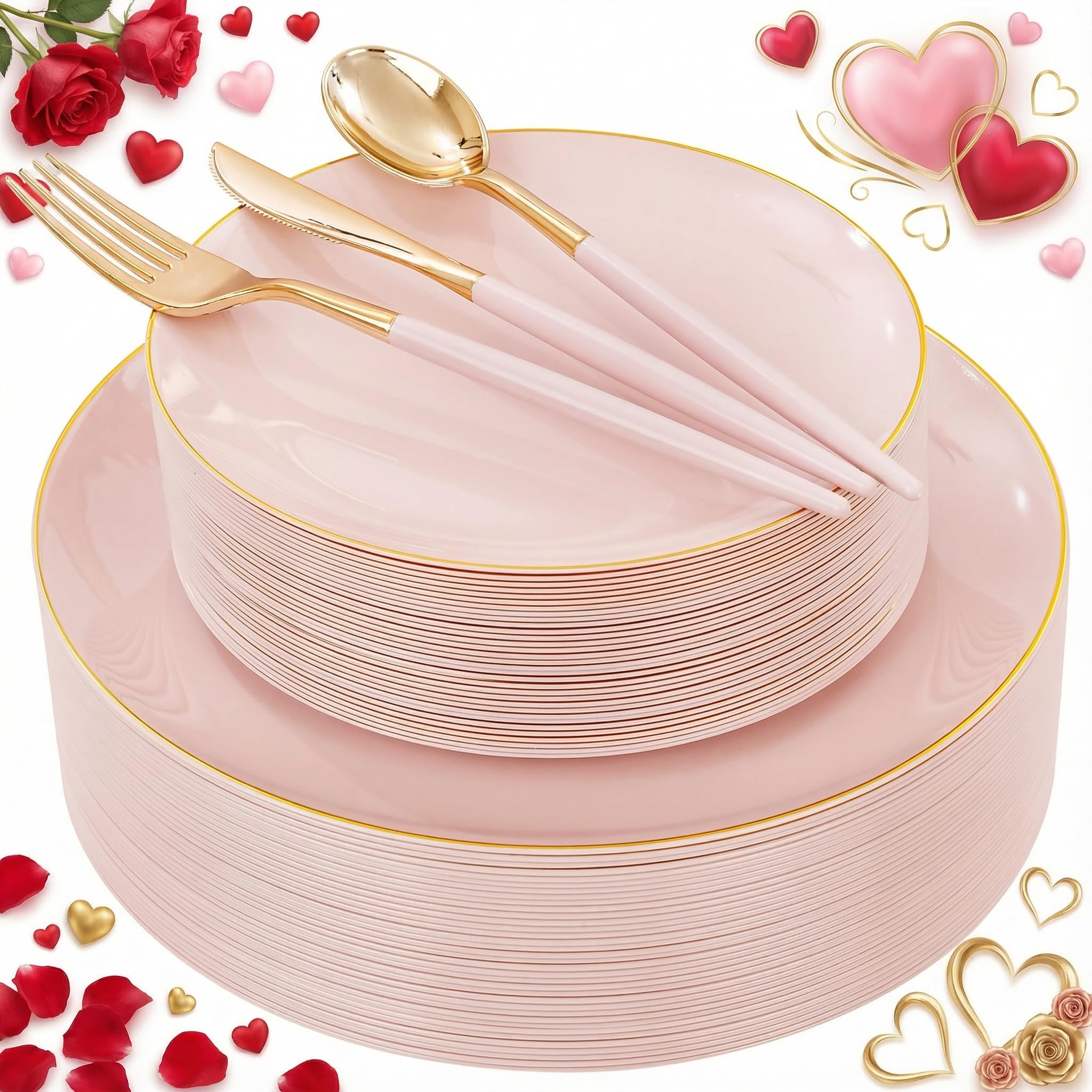 DaYammi 150Pcs Gold Plastic Plates with Disposable Silverware,White Gold Disposable Dinnerware Set - 30 Dinner Plate,30 Dessert Plate,90 Gold Cutlery with White Handles,Fancy Plates for Party Wedding