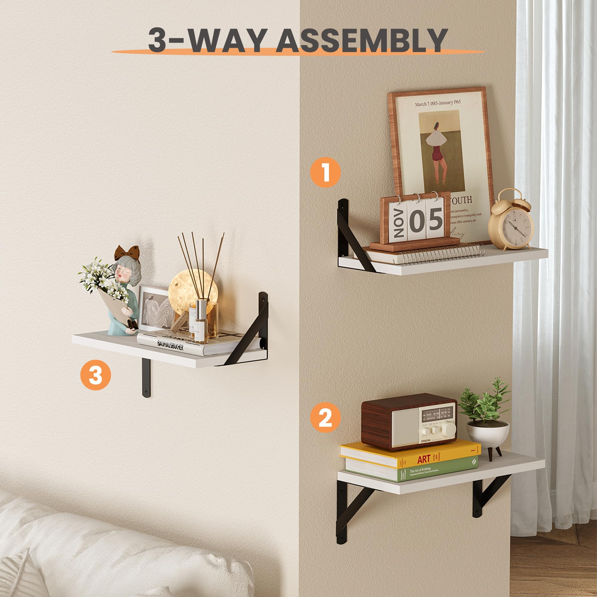 upsimples Floating Book Shelves for Wall, 15.7 Inches Wood Shelves for Living Room, Bathroom, Bedroom, Kitchen Storage and Decoration, White