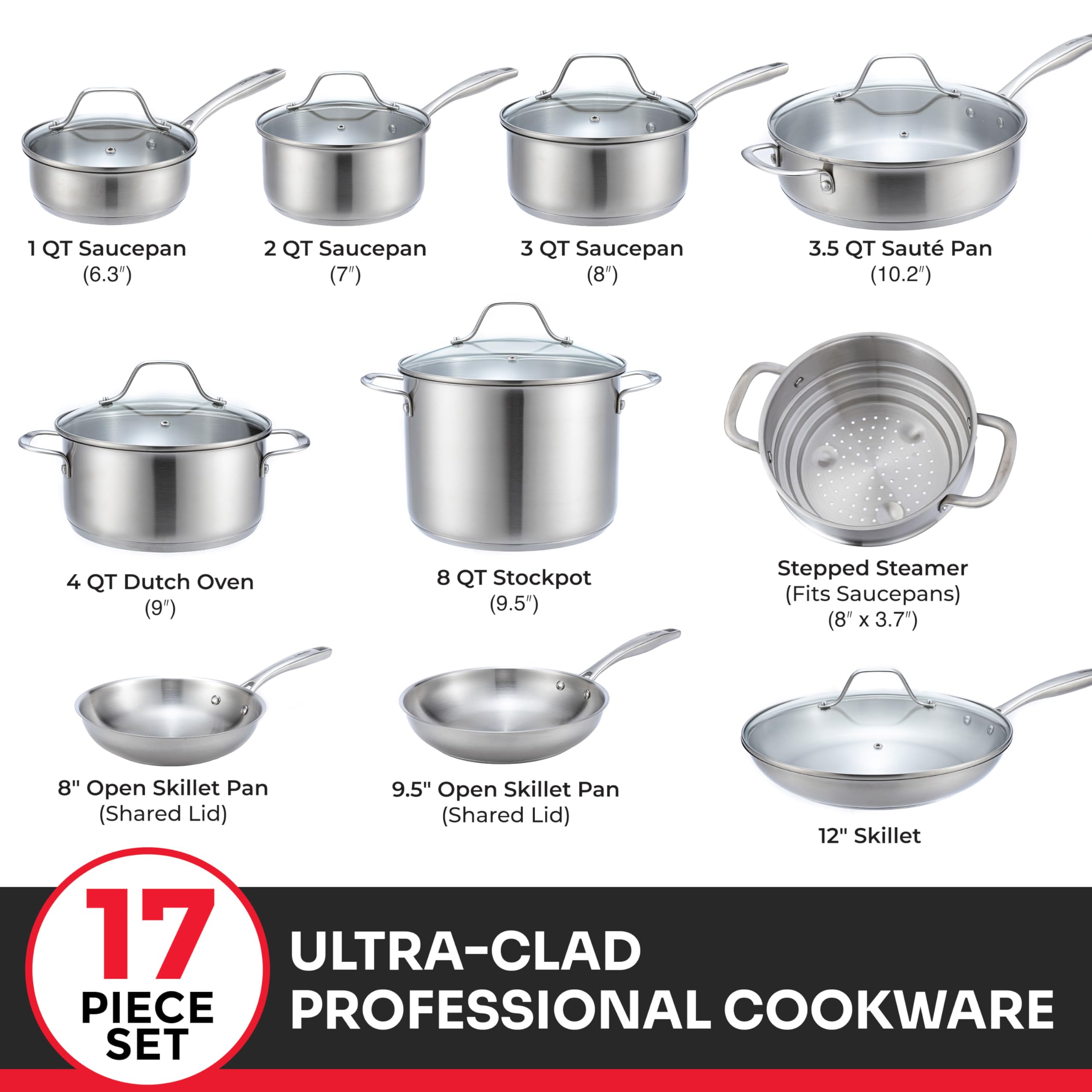 Mueller Pots and Pans Set 17-Piece, Ultra-Clad Pro Stainless Steel Cookware Set, Ergonomic EverCool Handle, Induction Cookware, Includes Saucepans, Skillets, Dutch Oven, Stockpot, Steamer For Cooking