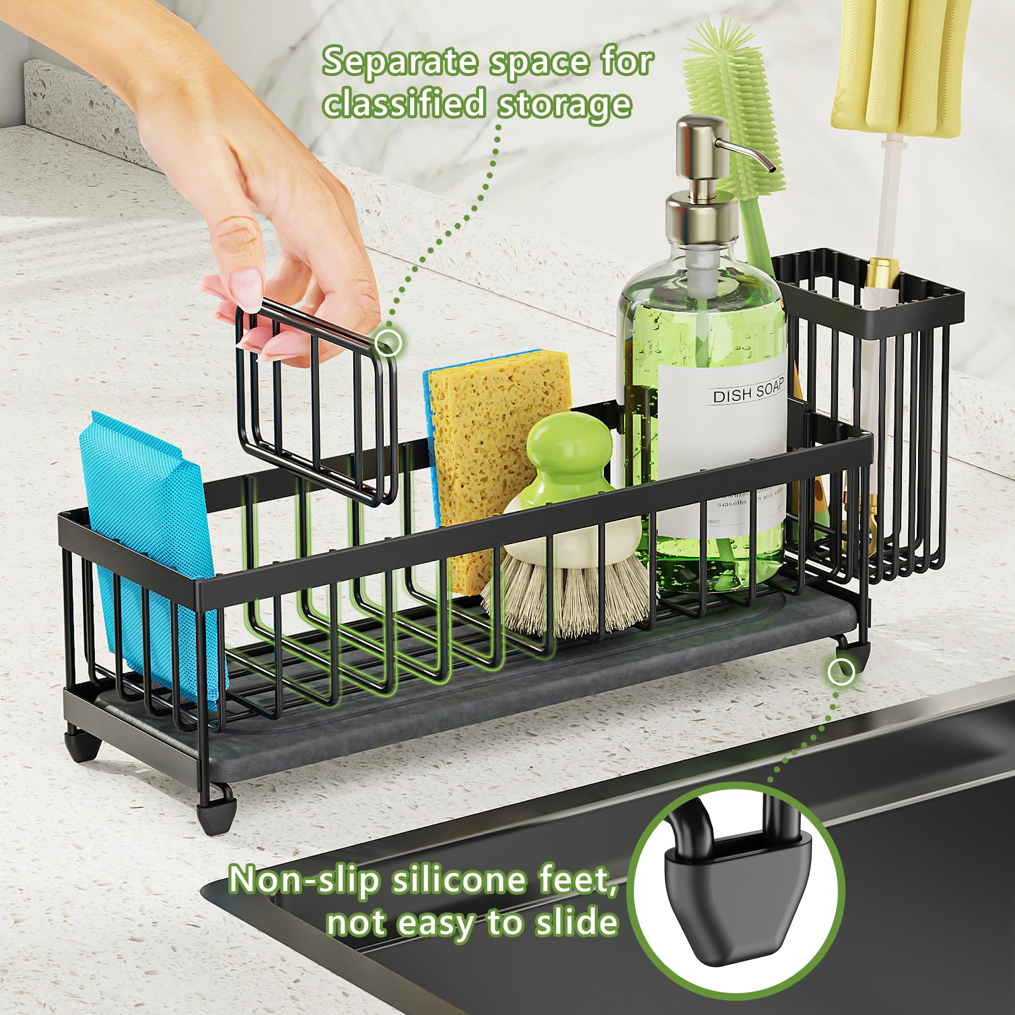 Cisily Extra Large Sink Caddy Organizer with Drying Stone, Black Sponge Holder for Kitchen, Dish Brush Holder for Countertop, Kitchen Decor Storage and Essentials